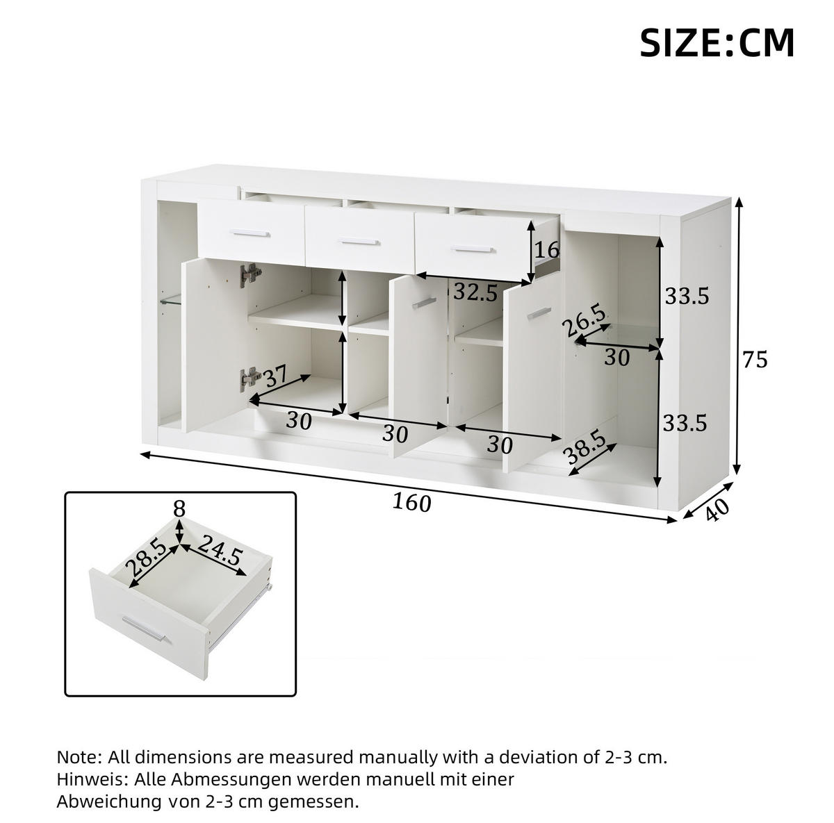 SIDEBOARD 160/40/75 cm z dřevotřísky bílá, s LED osvětlením a 3 zásuvkami - bílá, kompozitní dřevo (160/75/40cm) - Modenvie