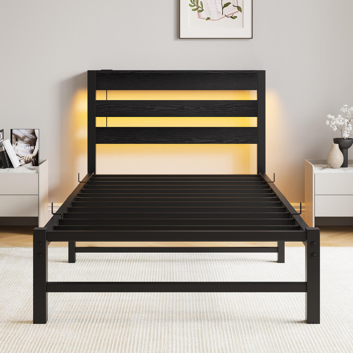 METALLBETT 90x200 cm LED USB Stauraum - Schwarz, Metall (90/200cm) - Fortuna Lai
