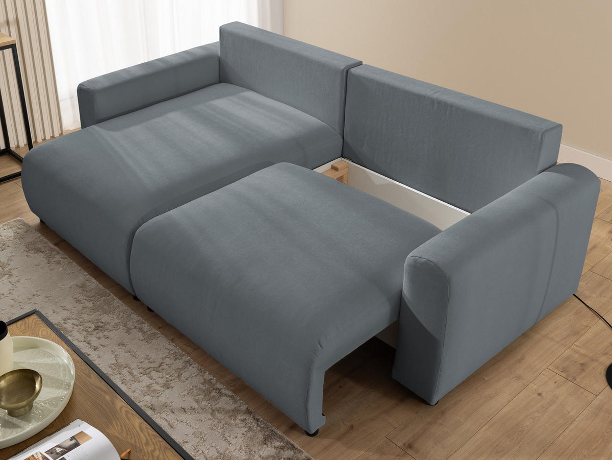 ECKSOFA Calma mit Schlaffunktion und Bettkasten im Bumpy-Design aus weichem Dunkelgrau Webstoff - Ottomane links - Dunkelgrau/Schwarz, Holz/Kunststoff (239/140cm) - S-Style