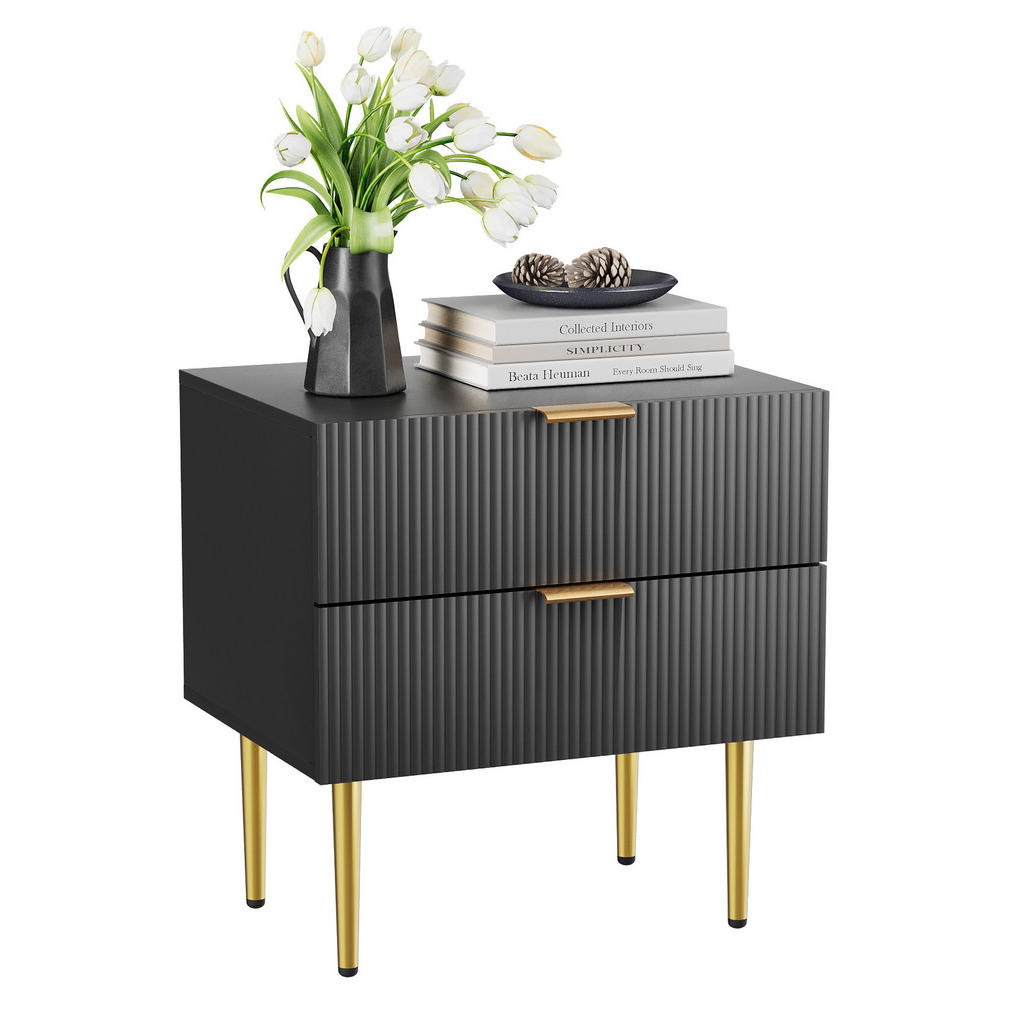 Modfu NOČNÍ stolek z MDF a kovu 53x41,5x53 cm černý se 2 zásuvkami a vroubkovaným dekorem