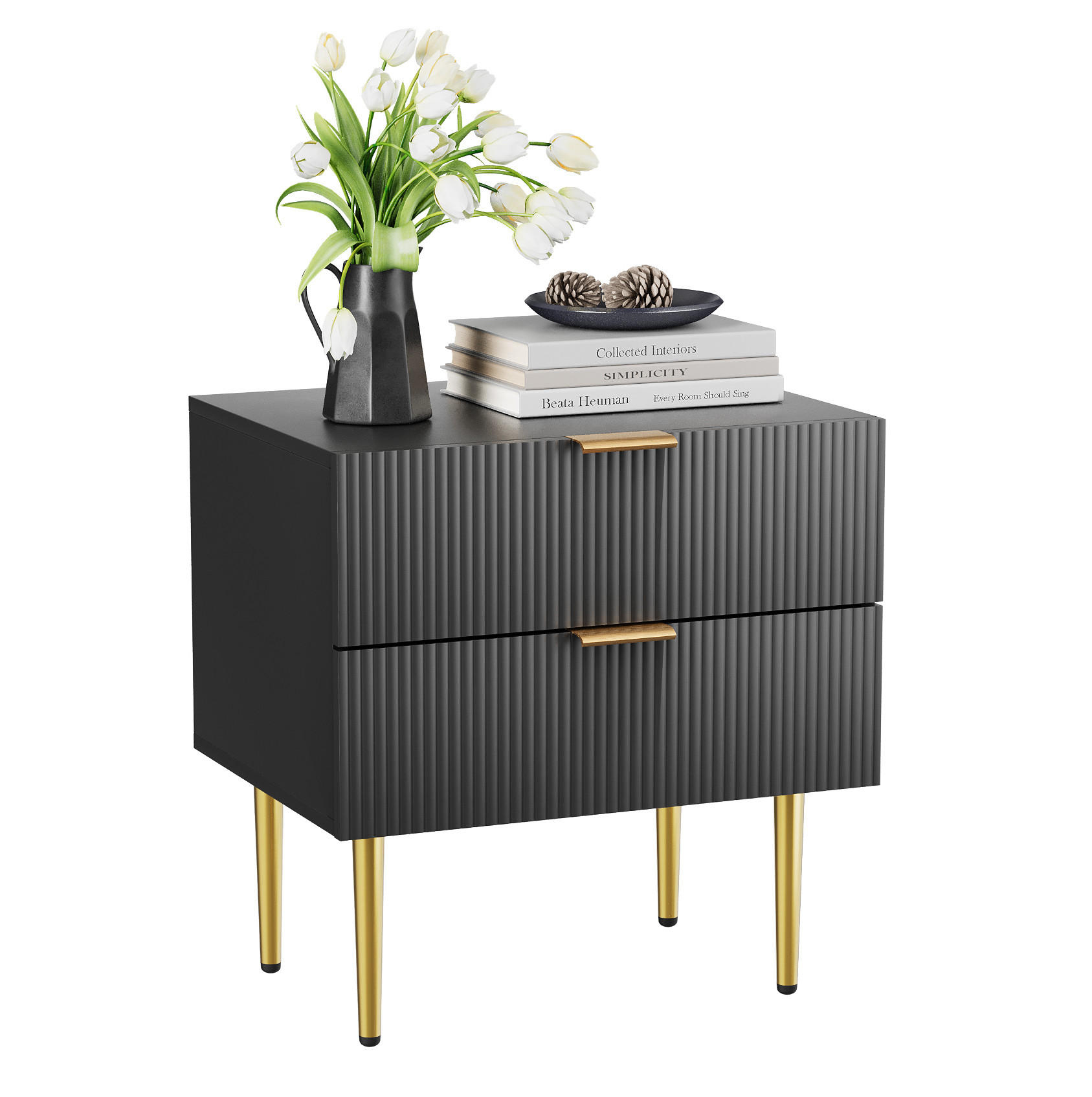 NACHTTISCH aus MDF und Metall 53x41x53 cm Schwarz mit 2 Schubladen und Rillenfront - Schwarz, Holzwerkstoff (53/53/41.3cm) - Modfu