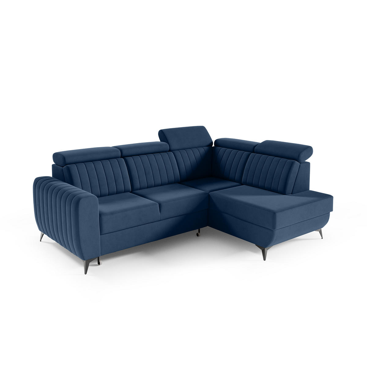 ECKSCHLAFSOFA Connor II verstellbare Kopfstützen, Dunkelblau, rechts - Schwarz/Dunkelblau, Textil (268/204cm) - Beautysofa
