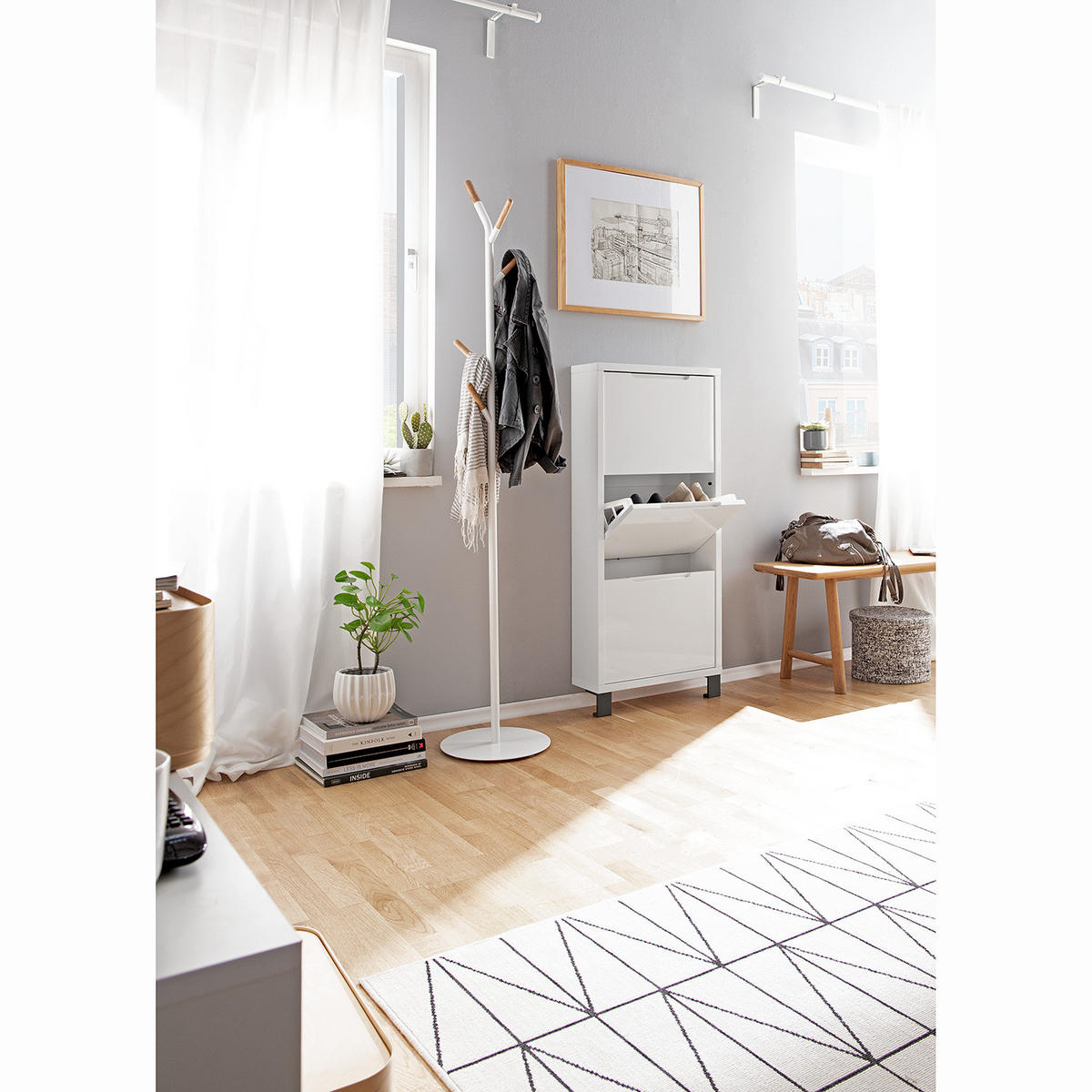 SCHUHKIPPER - Weiß Hochglanz/Grau, Holzwerkstoff (53/118/17cm) - home24