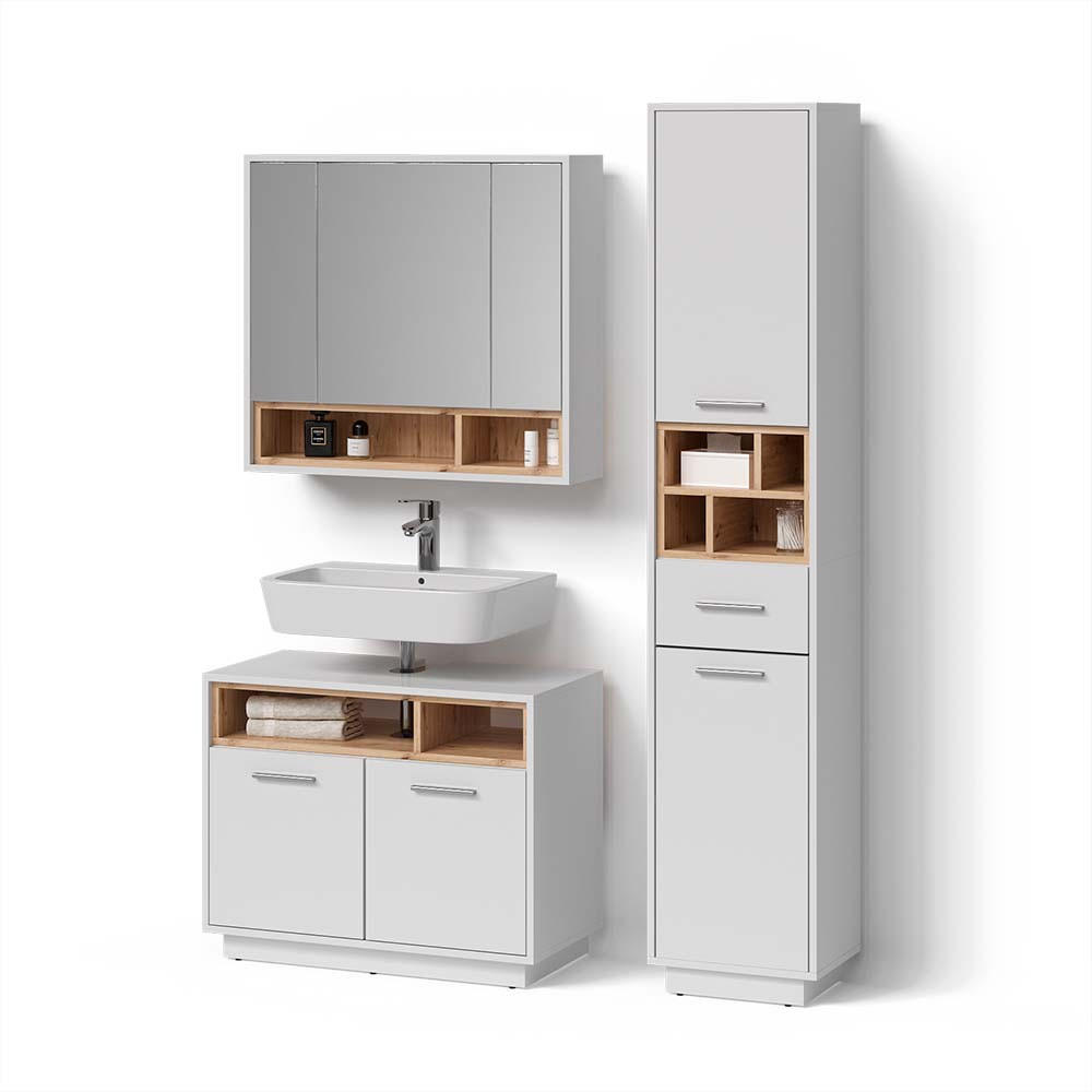 BADMÖBEL-SET Temo Weiß 3 Teile, mit Hochschrank - Weiß/Sonoma Eiche, Holzwerkstoff (80/190/40cm) - Livinity®