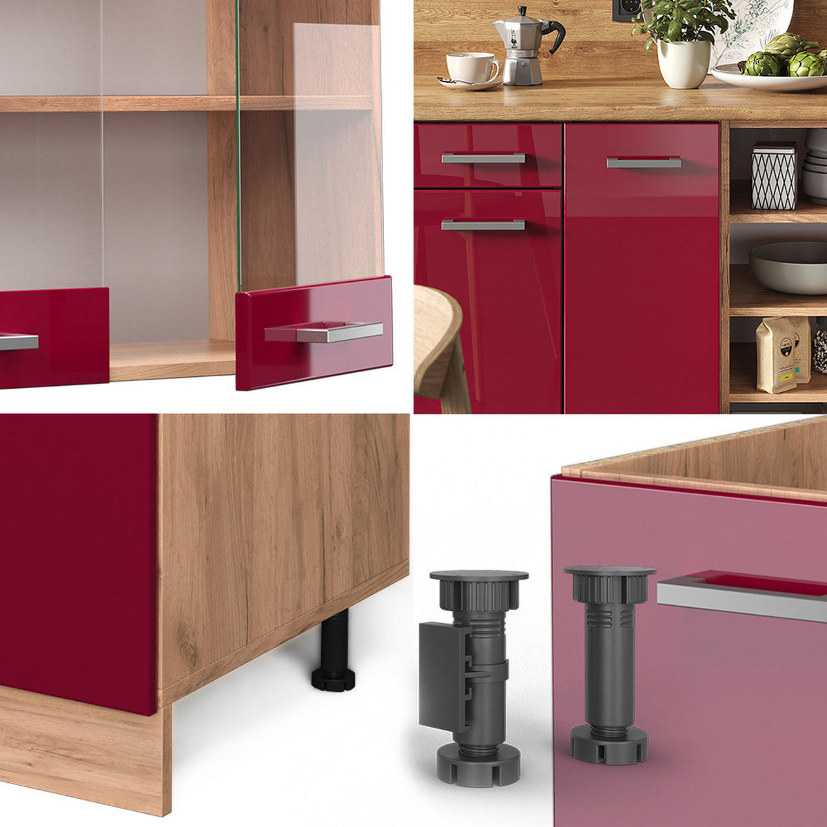 KÜCHENZEILE R-Line Bordeaux Hochglanz/Goldkraft Eiche 240 cm, AP Eiche - Bordeaux/Eiche Wotan, Holzwerkstoff (240/81.6/60cm) - Vicco