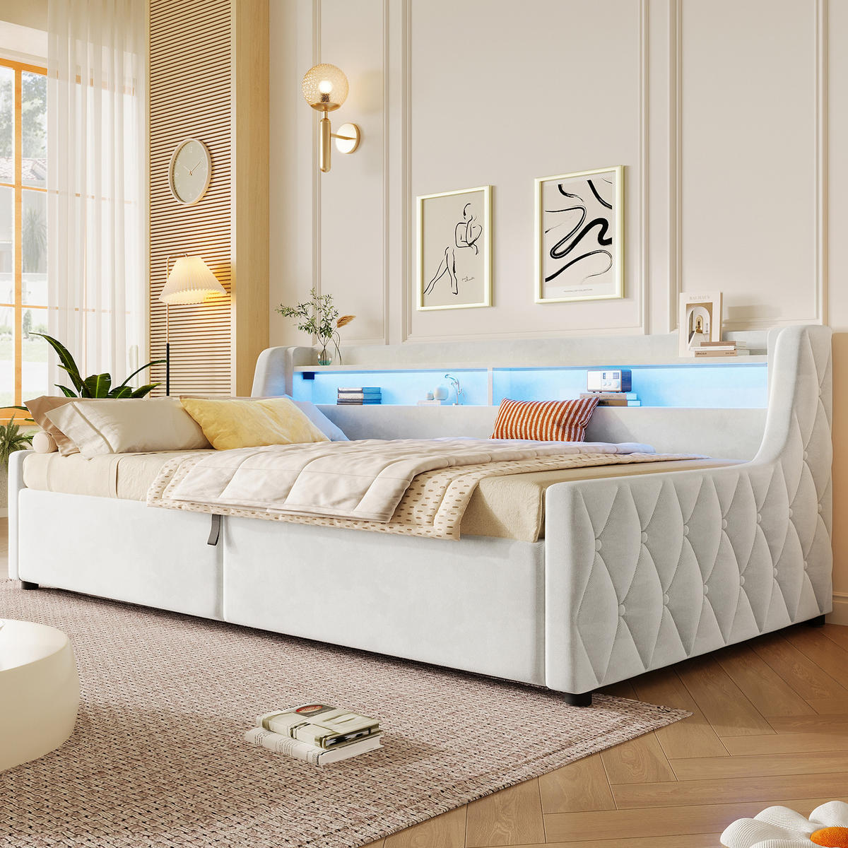 BETT mit Stauraum und LED 90x200 cm Off White - Weiß, Metall (90/200cm) - Meubliv