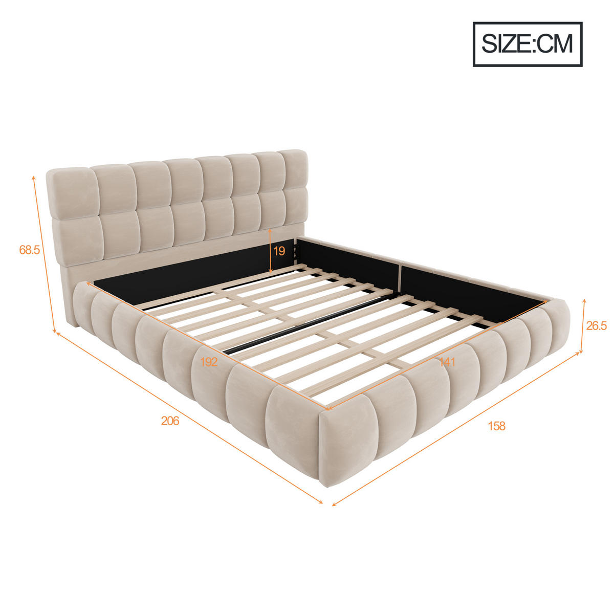 POLSTERBETT 140/190 cm in Beige Samt mit eingelassener Matratze - Beige, Holzwerkstoff/Textil (140/190cm) - WISHDOR