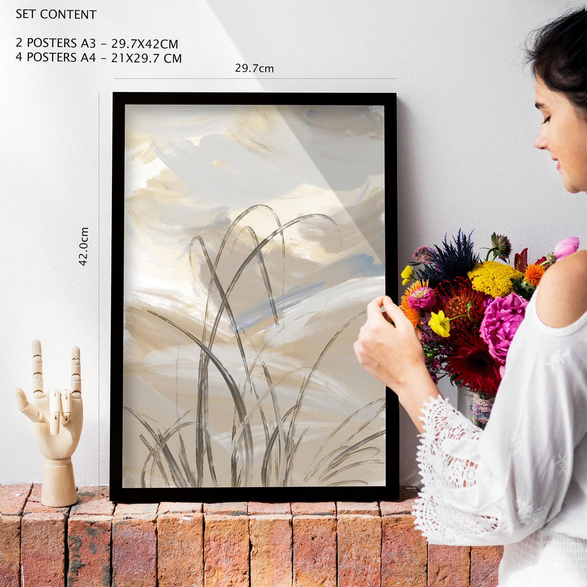 POSTER Set Mit 6 Latente Natur In Kulissen Abstracts Ästhetische Dekorative Gemälde Für Ihr Wohnzimmer Zuhause A3 & A4 Rahmen Aus Hellem Holz - Beige, Papier (29/3cm) - Nacnic