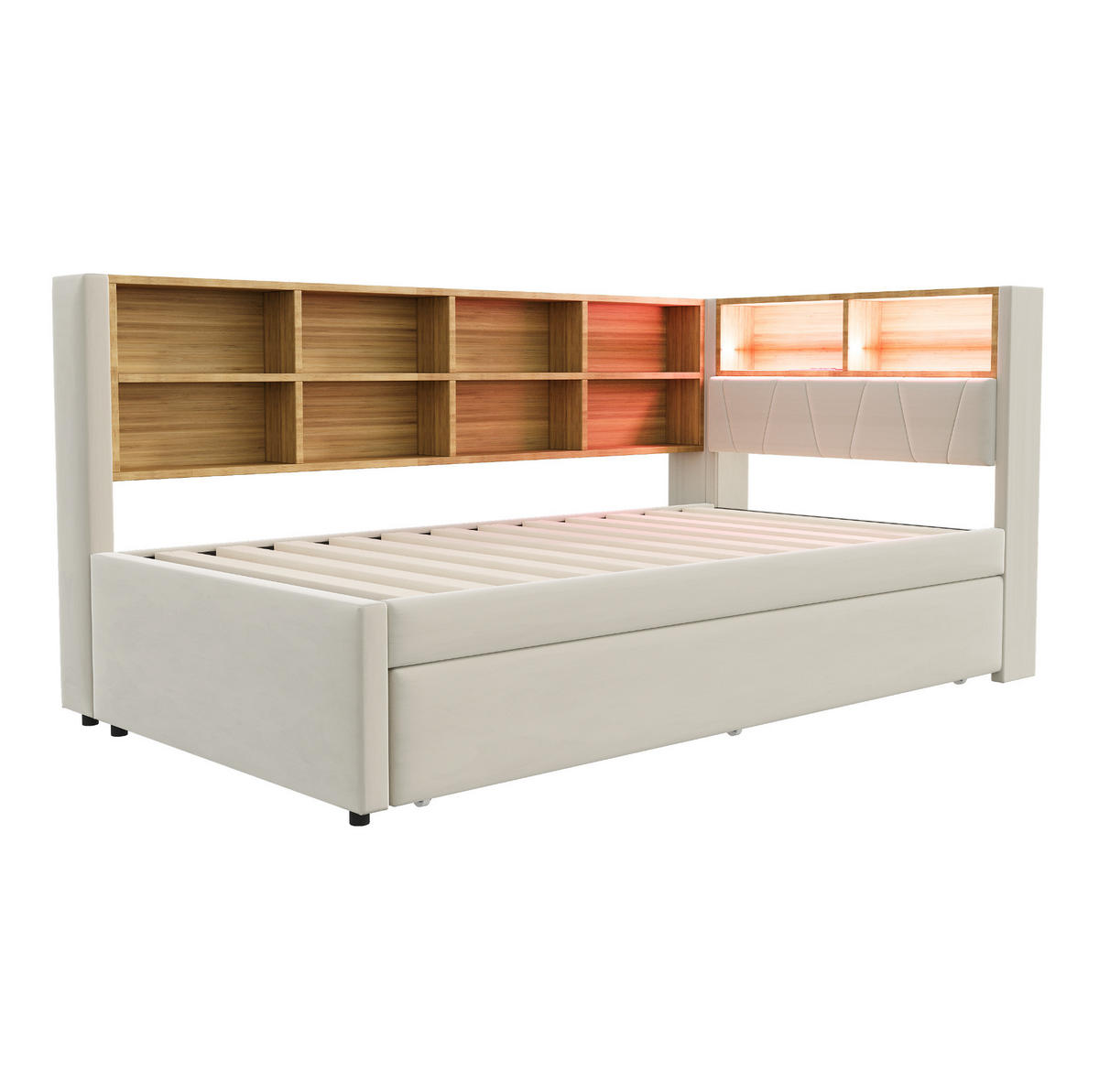 ČALÚNENÉ rozkladacie lôžko z flanelu 90x200 cm béžové s LED osvetlením, USB a úložným priestorom - béžová, textil (90/200cm) - Modfu