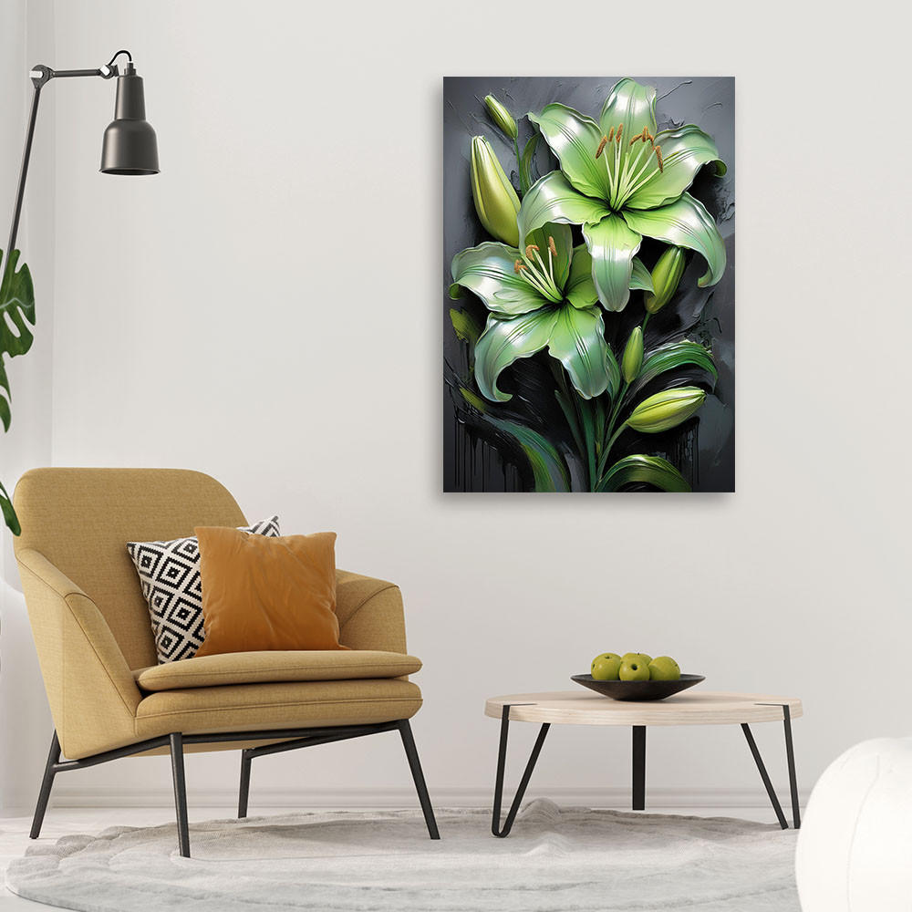 LEINWANDBILD Lilienblüten grün bemalt 40x60cm - Grün, Textil (40/60cm) - Feeby