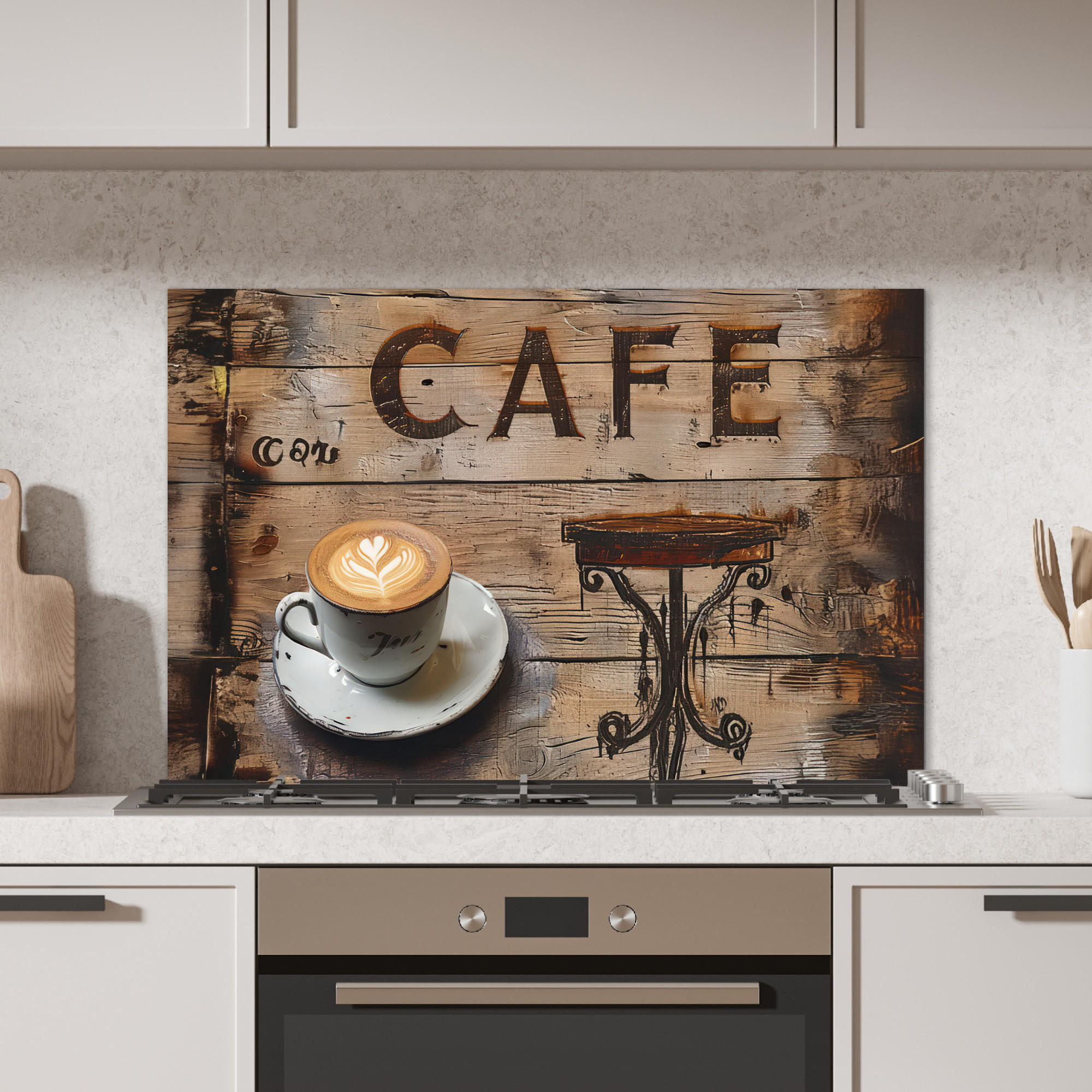 SPRITZSCHUTZ KÜCHE Cafe - Holz - Kaffee - Regale 80x55 cm - Schwarz, Metall (80/0.3/55cm) - MuchoWow