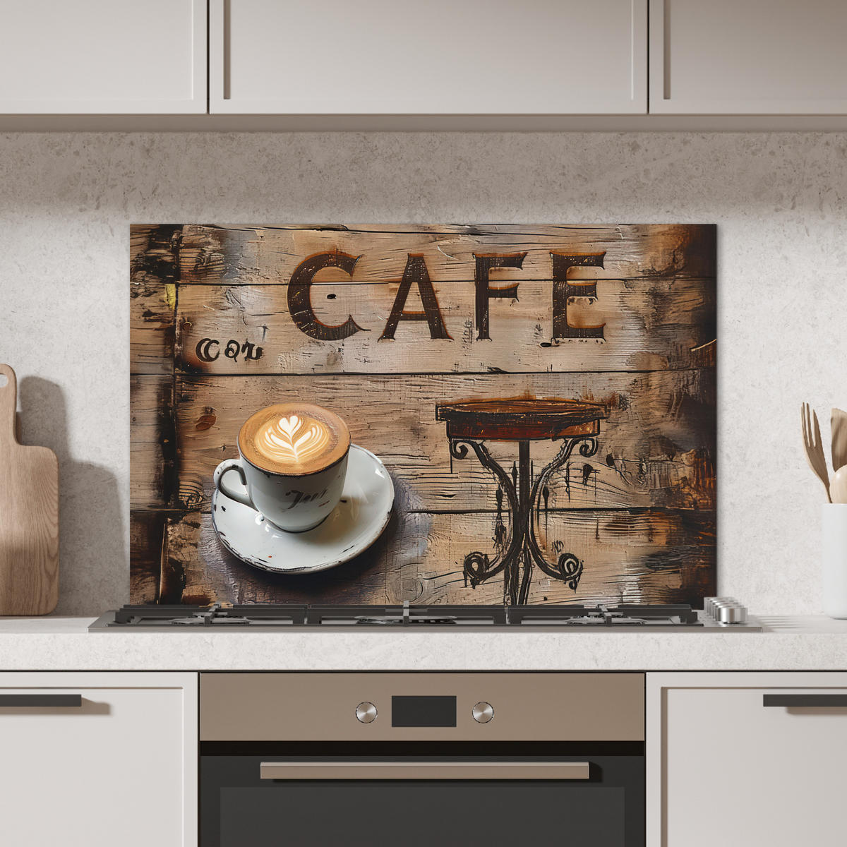 SPRITZSCHUTZ KÜCHE Cafe - Holz - Kaffee - Regale 80x55 cm - Schwarz, Metall (80/0.3/55cm) - MuchoWow