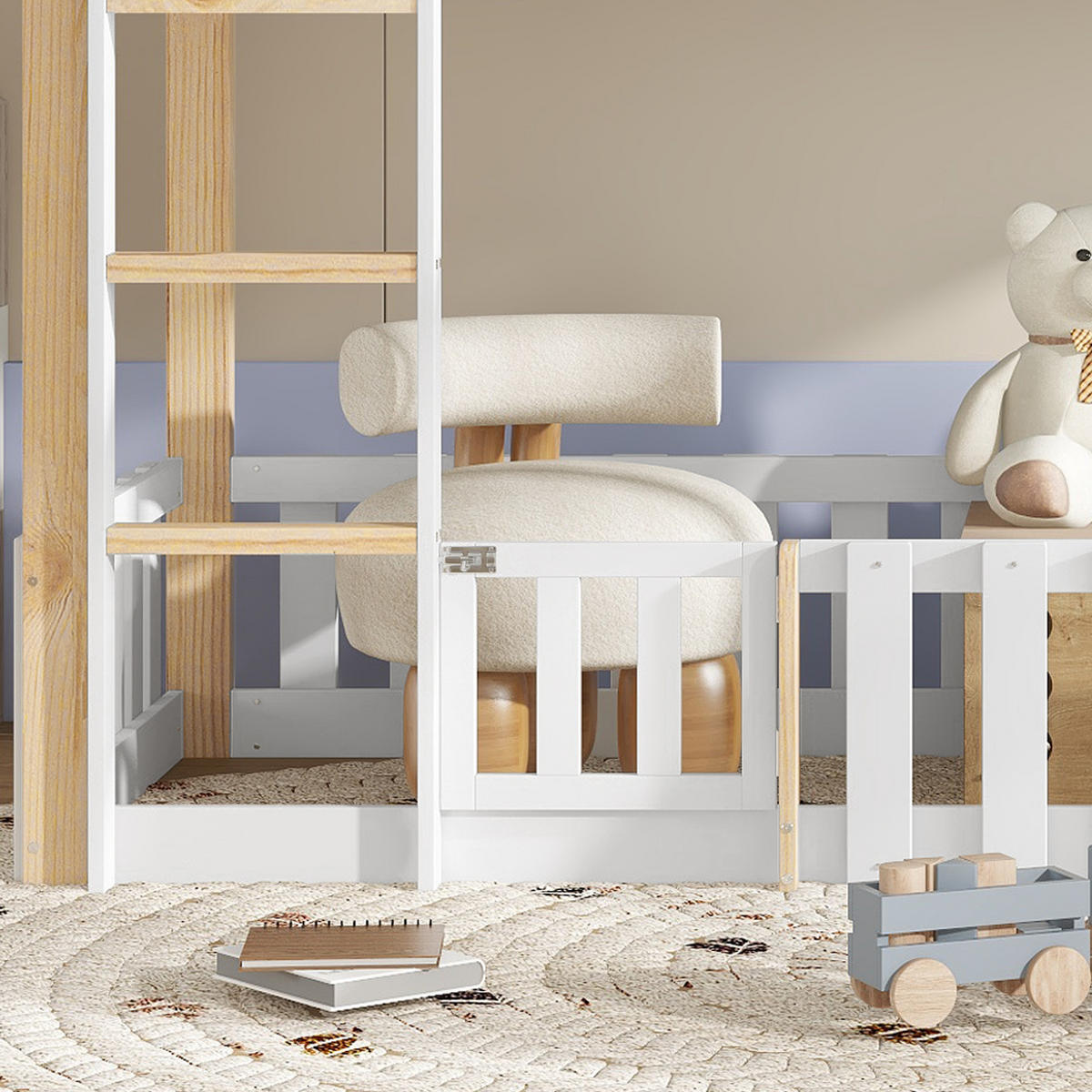 ETAGENBETT 90/200 cm in Weiß & Natur Kinderbett mit Rutsche, Leiter und Zaun im Dachdesign - Weiß/Naturfarben, Holzwerkstoff (90/200cm) - STILVORA