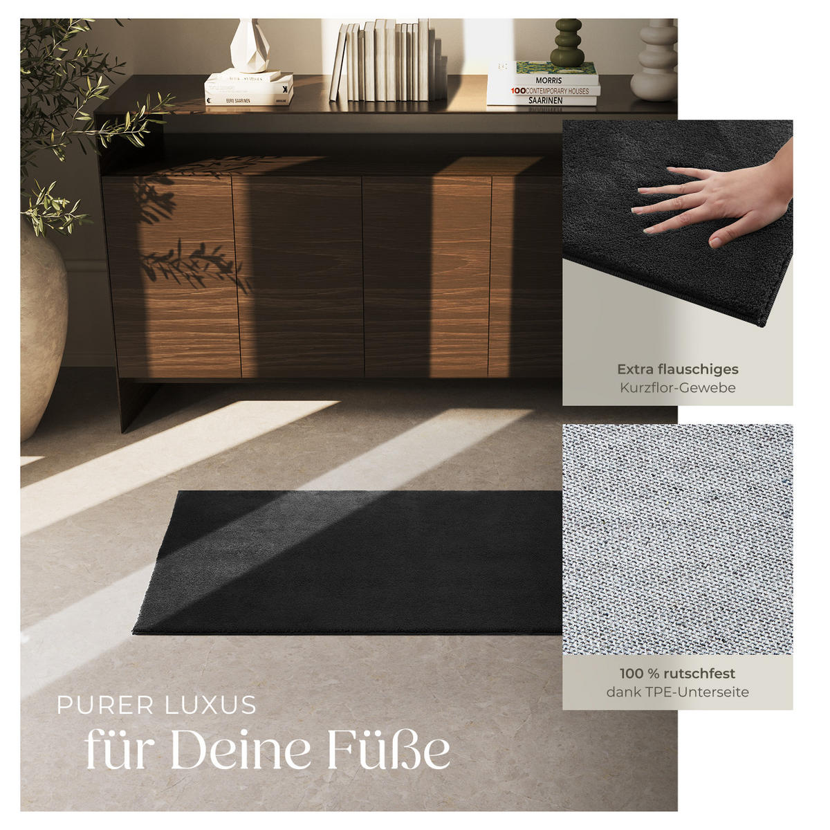 KURZFLORTEPPICH Soft Zone,rutschfeste Unterseite,schwarz - Schwarz, Kunststoff (110/60cm) - tectake