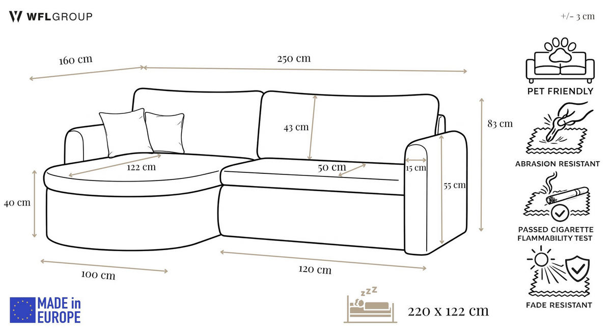 ECKSOFA Cora mit Schlaffunktion & Stauraum, Universell Rechts/Links, Grau Cord Chenille 260/82/160 cm - Schwarz/Grau, Kunststoff/Textil (250/160cm) - WFL GROUP