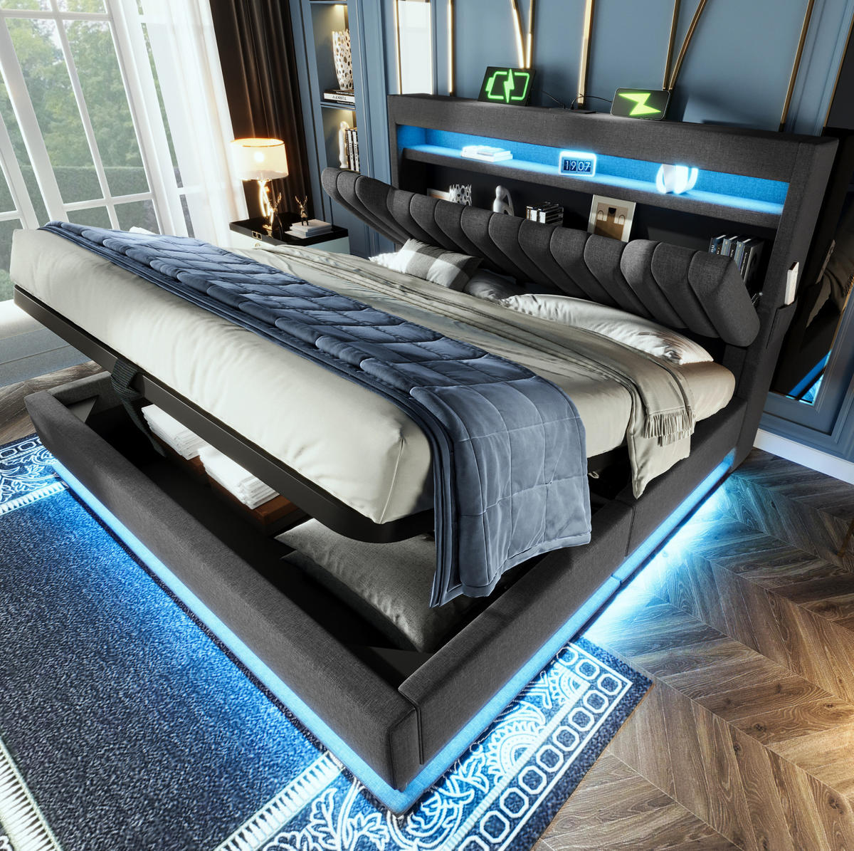 POLSTERBETT mit Stauraum, LED und USB 160x200 cm Leinen Grau - Grau, Metall (160/200cm) - Meubliv