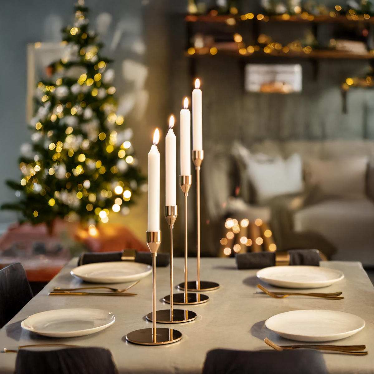 KERZENHALTER 4er-Set, Gold, Aluminium, Stahl - Roségold, Metall (10/32/10cm) - bremermann