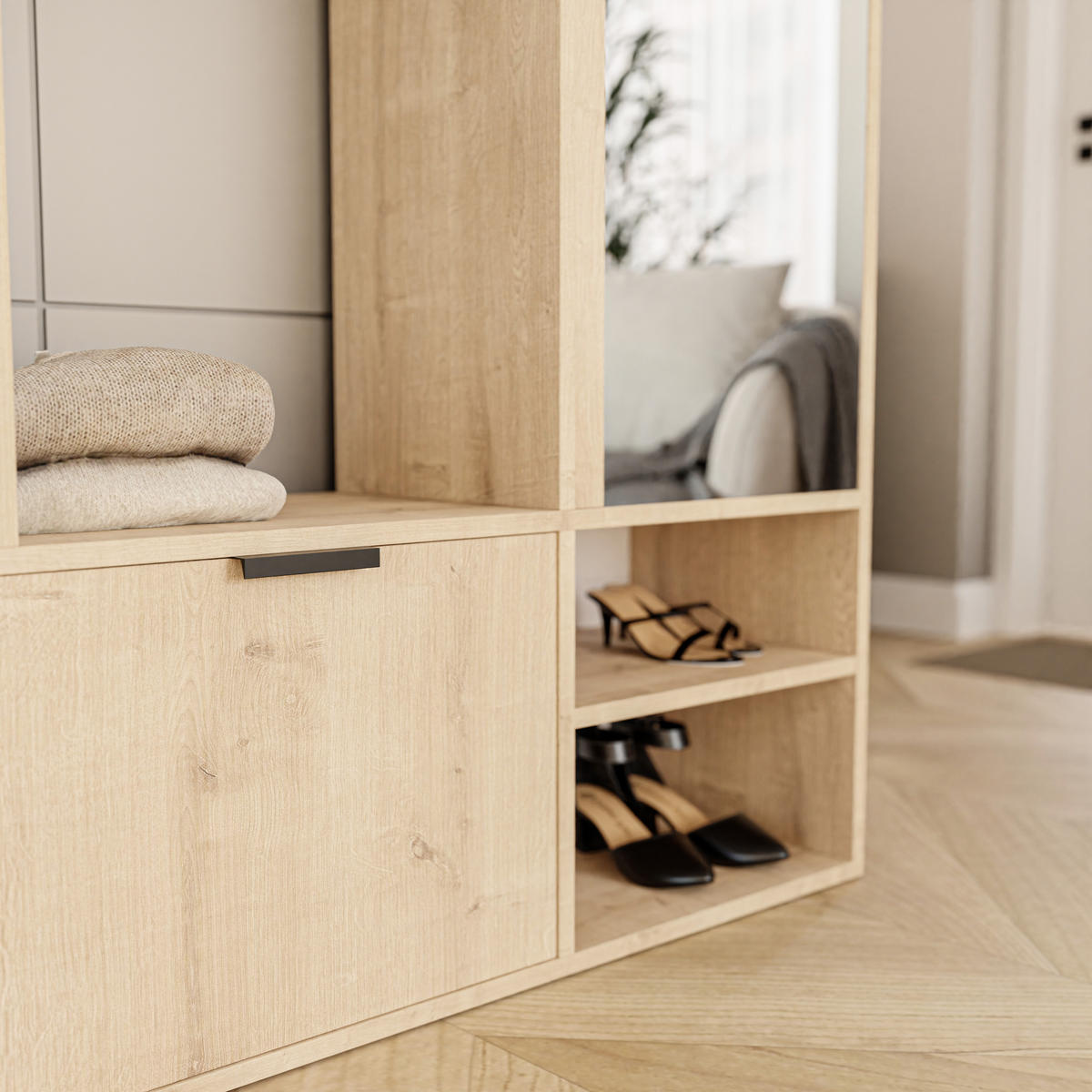 GARDEROBENSCHRANK mit Spiegel-mit Ablagen und Kleiderstange - Braun, Holzwerkstoff (100/190/33cm) - Idohome