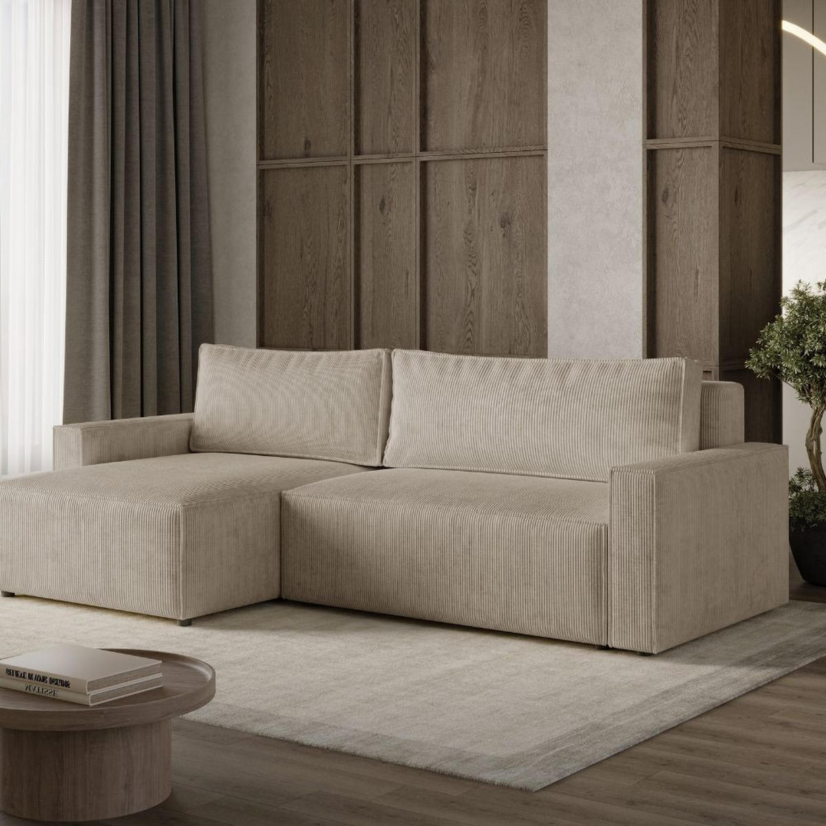 ECKSOFA LIVIO L mit Schlaffunktion und Bettkasten, weicher, dicker Cord pet friendly - POSO 02 - Ecru, Holz (230/195cm) - Dekori_Interiors