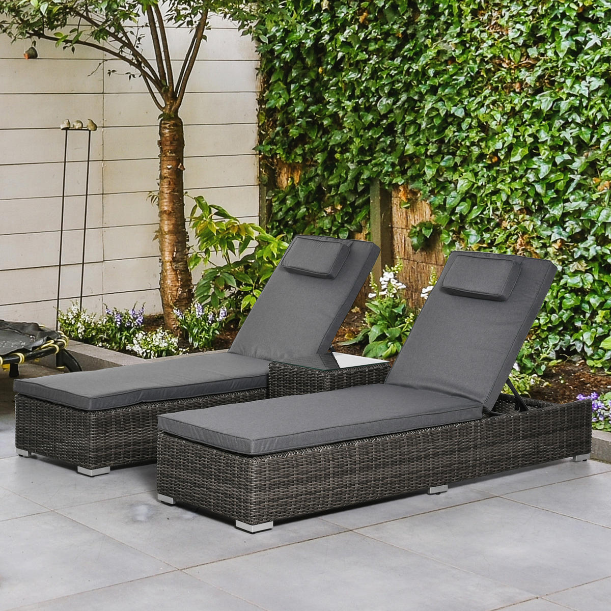 POLY-RATTAN Sonnenliege 3-tlg. Gartenliege Aluminium Grau - Grau, Kunststoff (60/91/195cm) - Outsunny