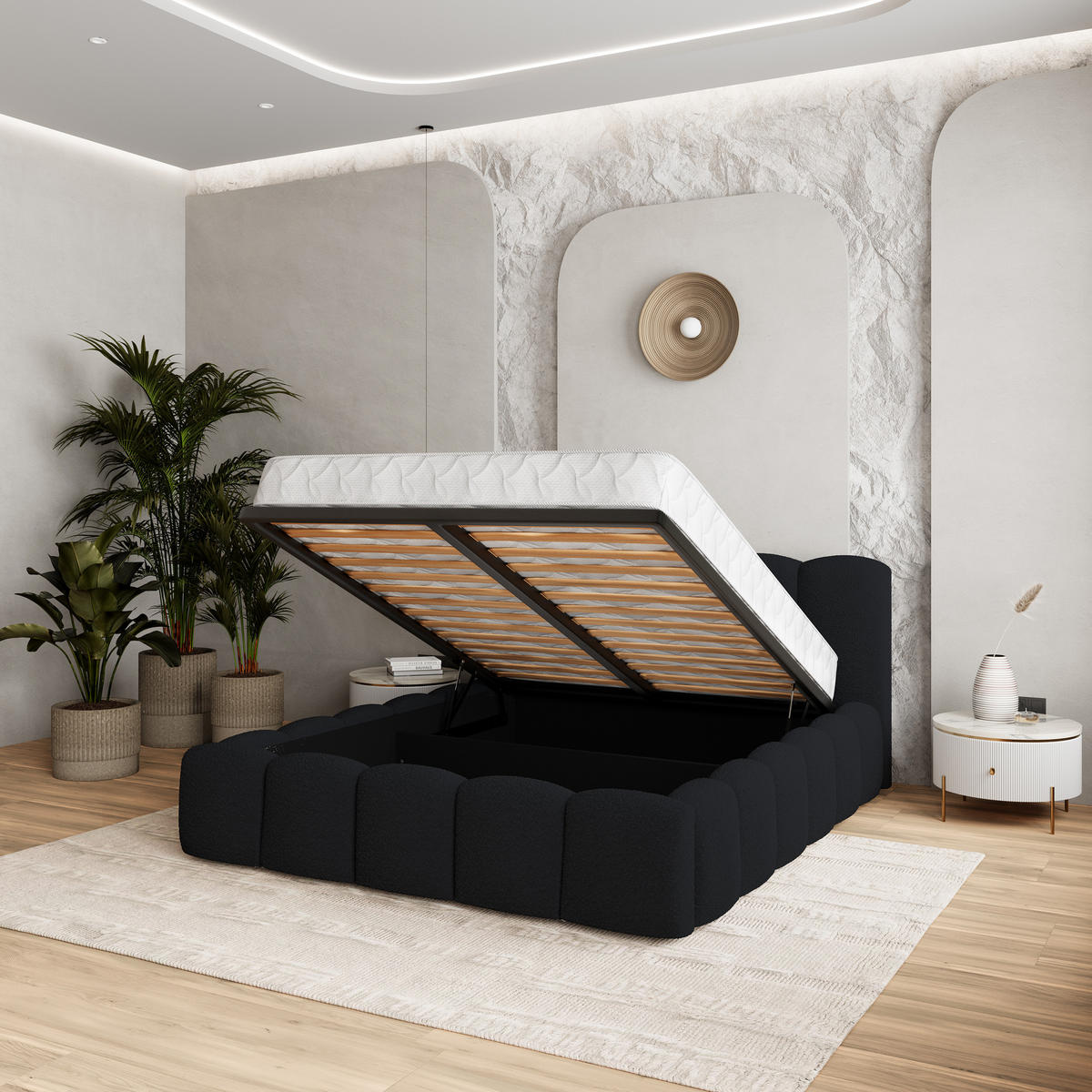 POLSTERBETT FALINA 140x200 cm mit Bettkästen - Schwarz - Schwarz, Holz (140/200cm) - MASSENO