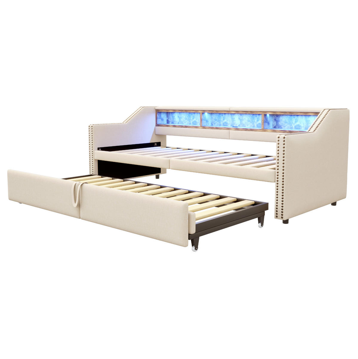POLSTERBETT 90/180 x 200 cm aus Leinenstoff mit Ausziehfunktion LED und USB Beige - Beige, Textil (90/180cm) - Modenvie