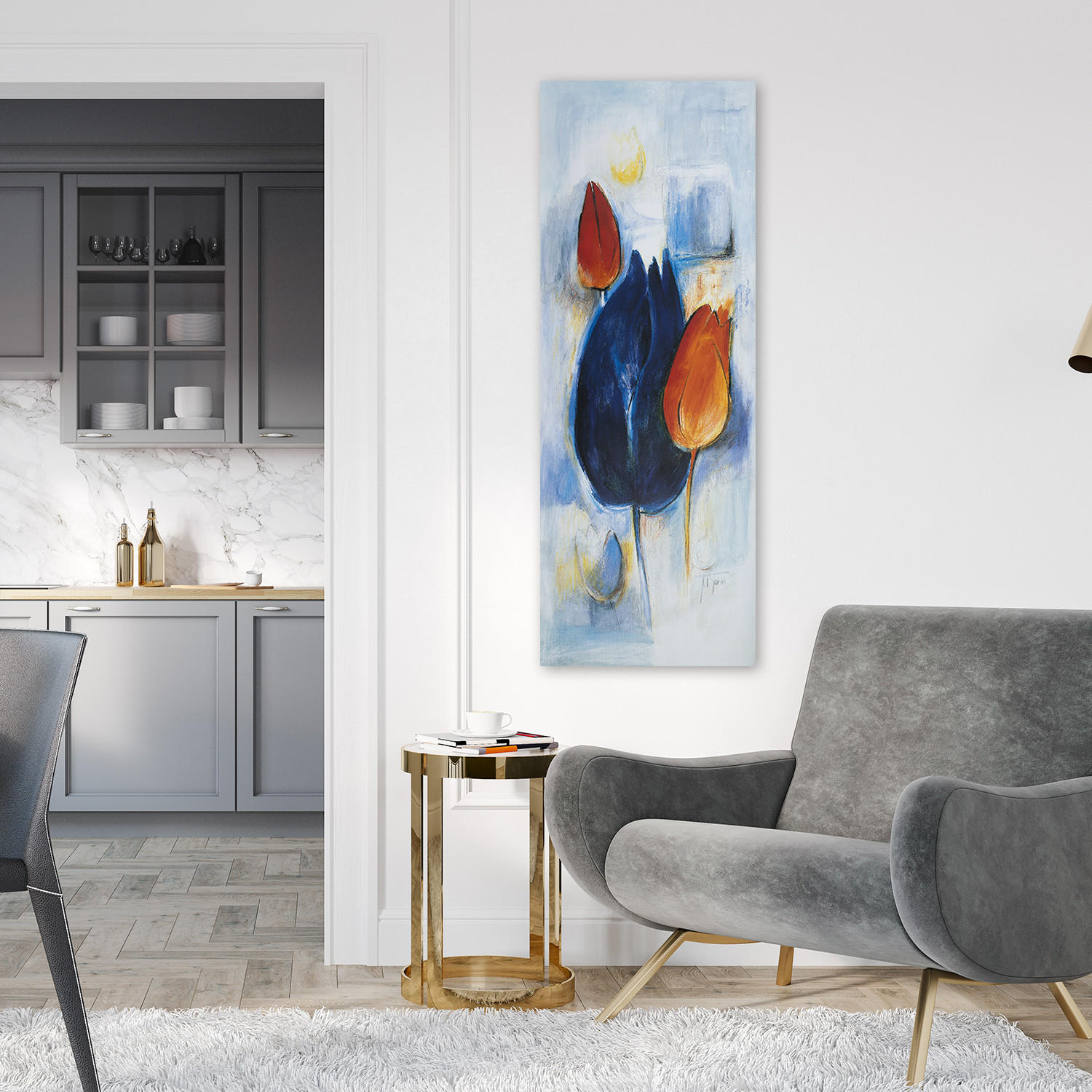 WANDBILD fee tulpen gemalt - Blau, Textil (30/90cm) - Feeby