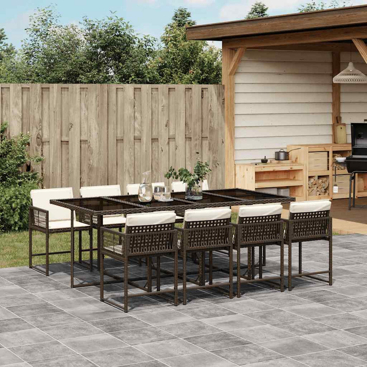 GARTEN-ESSGRUPPE 9-TLG.Mit Kissen Braun Poly Rattan - Creme/Schwarz, Kunststoff - vidaXL