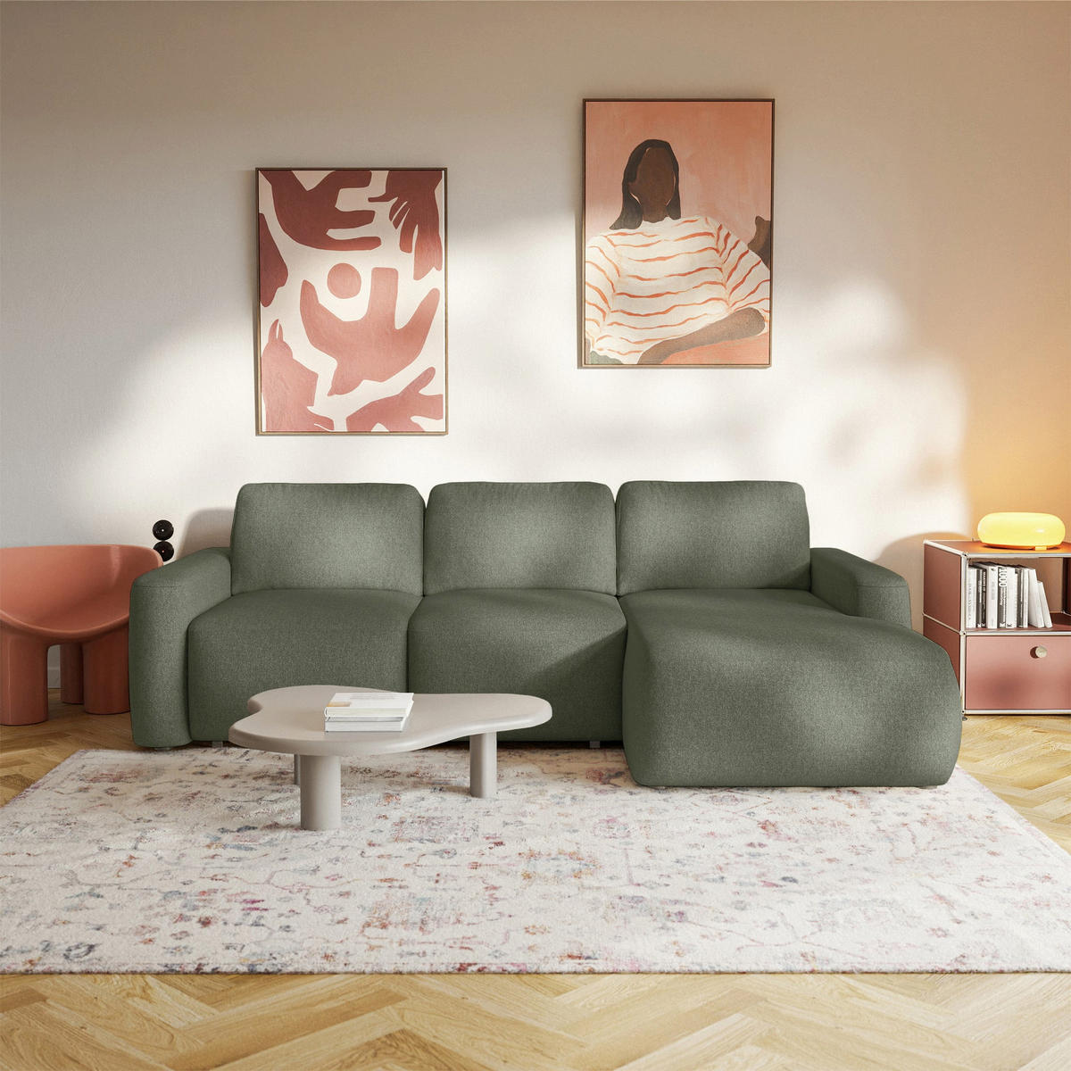 ECKSOFA Carnos Mini Olivgrün Chenille - Schwarz/Olivgrün, Kunststoff/Textil (164/238cm) - Selsey