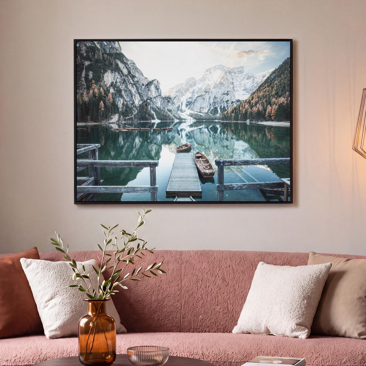 LEINWAND Bilder mit Rahmen - Natur - Berge - Schnee - Wald - Boot - 100x70 - Hellgrün, Textil (100/70cm) - MuchoWow