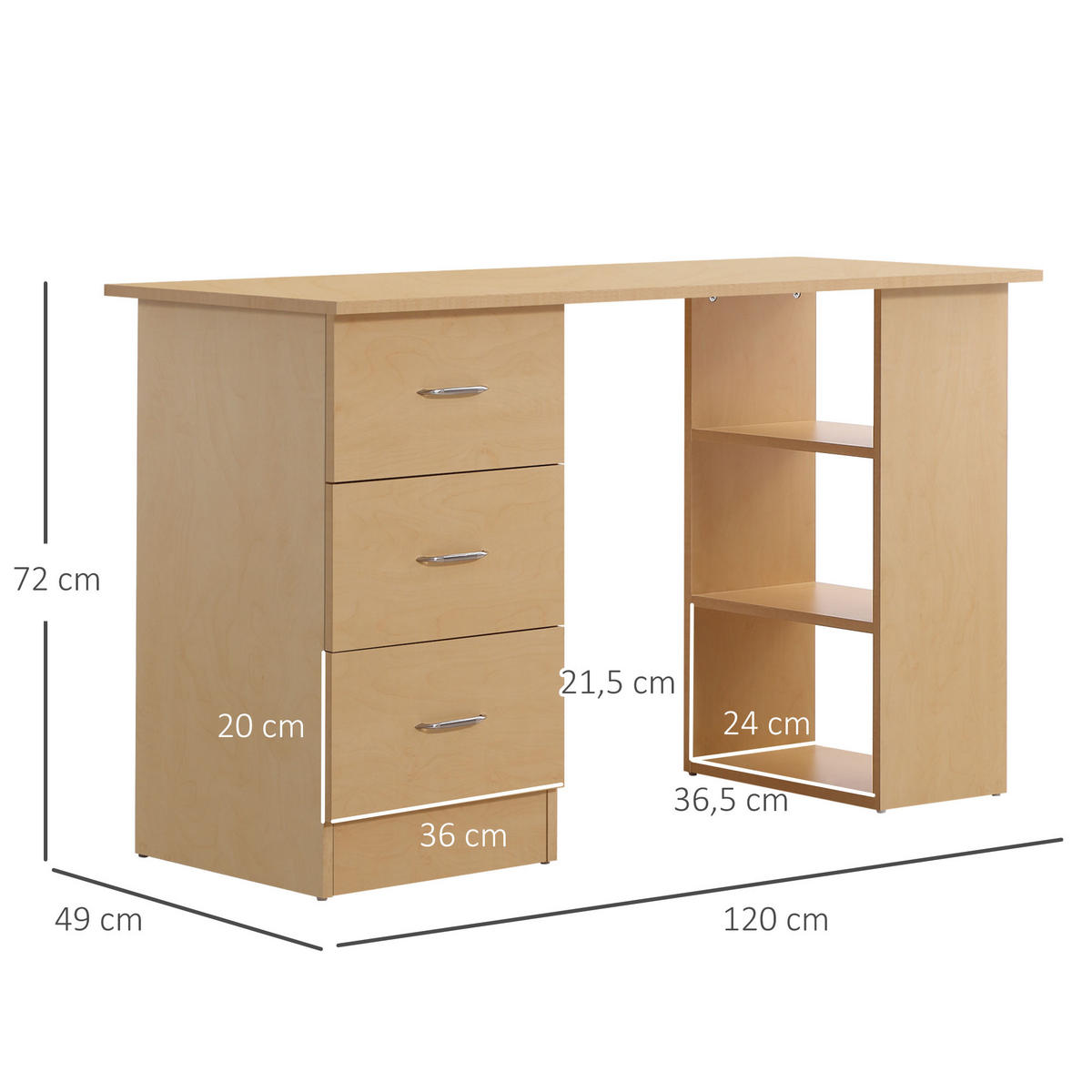SCHREIBTISCH Hellholzoptik mit Schubladen und Regalfächern 120/49/72 cm - Naturfarben, Holz (49/120/72cm) - PANGIVO