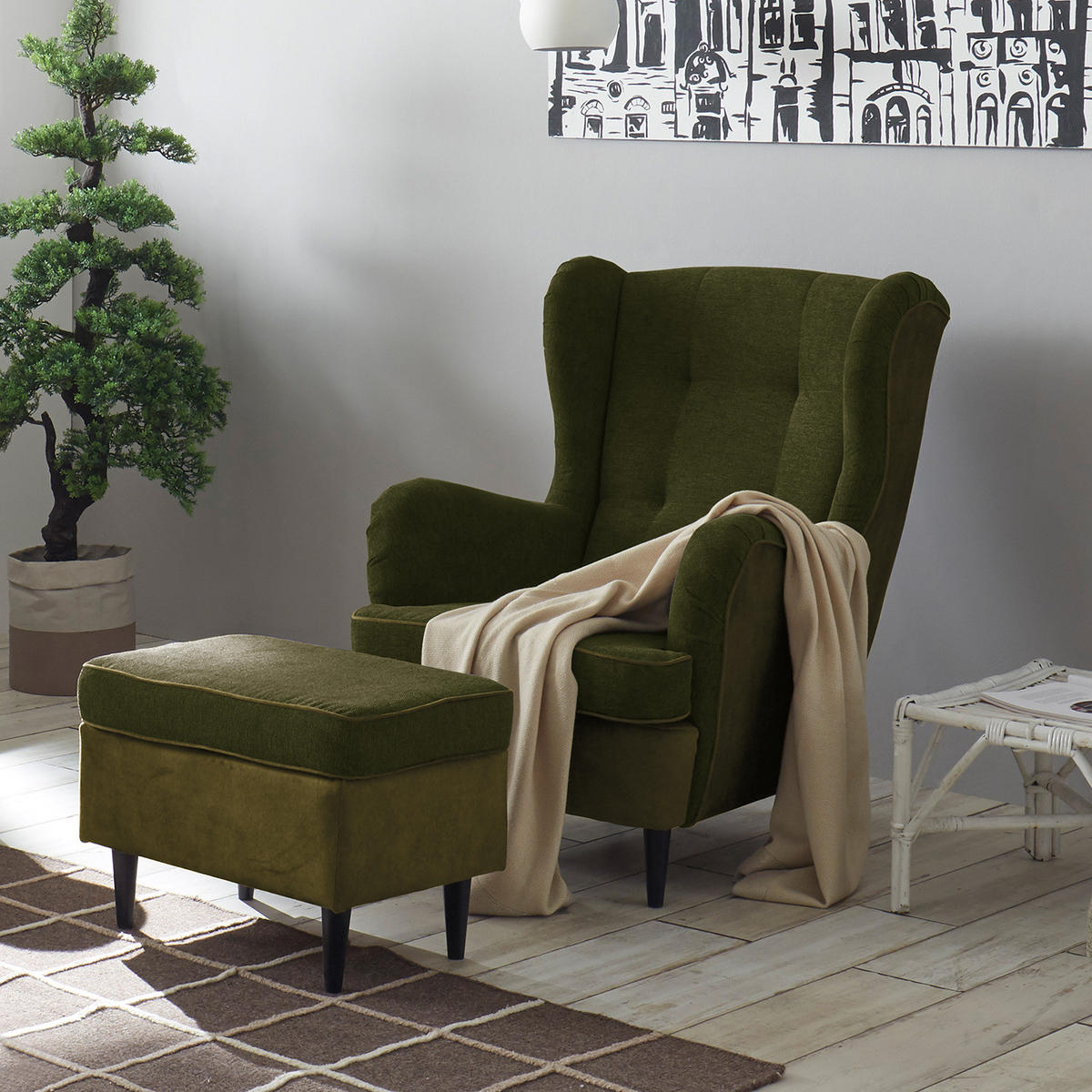 SESSEL - Schwarz/Olivgrün, Holzwerkstoff/Buchenholz (78/102/98cm) - home24