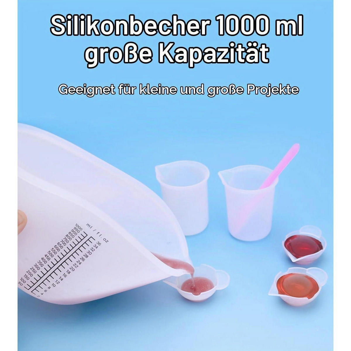 MESSBECHER Set 2-teilig Silikon 1000 ml mit Rührstäbchen - Blau, Kunststoff (1L)