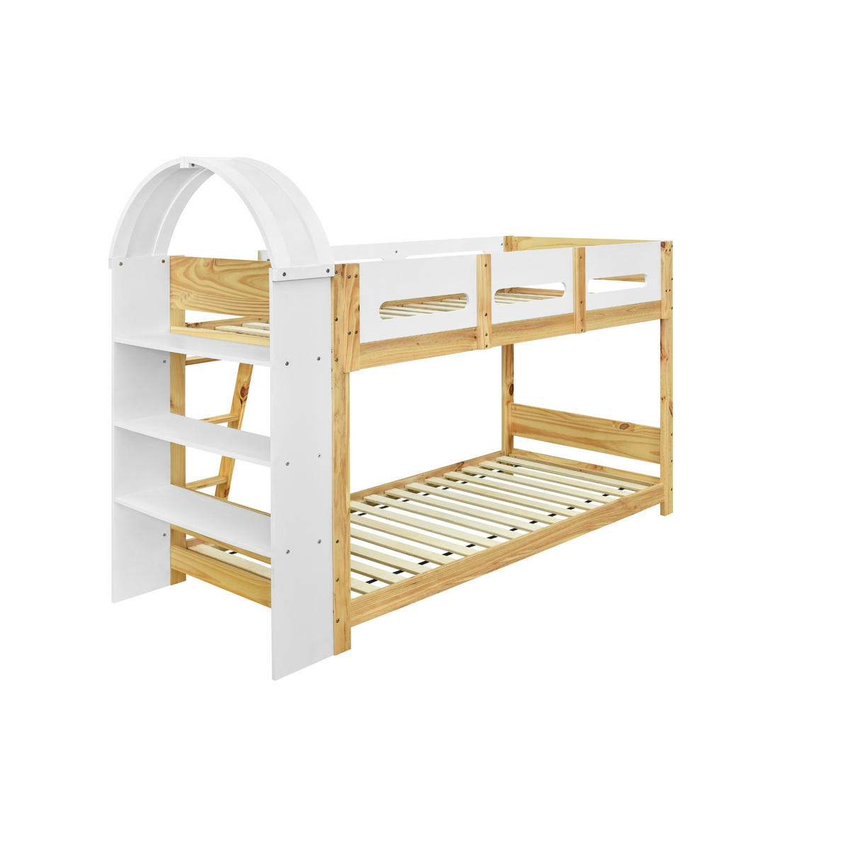 ETAGENBETT aus Kiefer und MDF 90x200 cm Weiß/Natur mit 3-stufigem Regal, Trittleiter und Bettgitter - Naturfarben, Holzwerkstoff (90/200cm) - Modfu