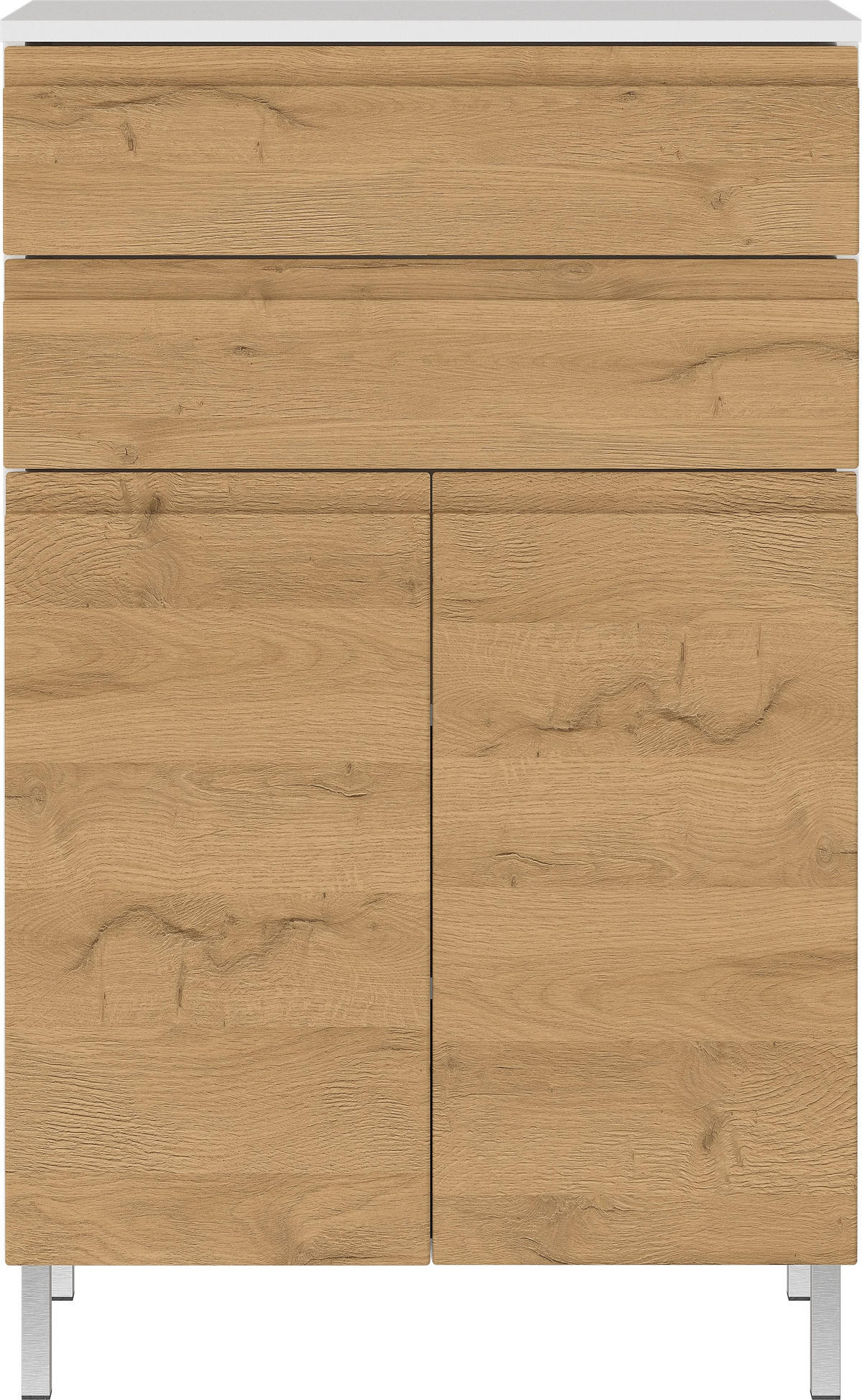 BADSCHRANK Weiß und Eiche Grandson 60x97x34 cm mit Schubladen, Chromfüßen und griffloser Front VEER - Weiß, Holz/Metall (60/97/34cm) - KADIMA DESIGN