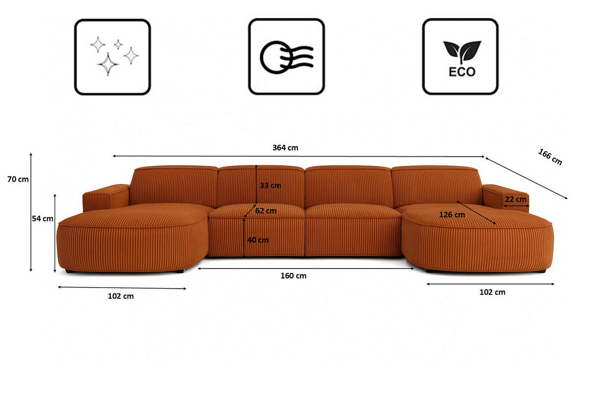 ECKSOFA Cursal Round U-Form, Stoff Poso, Kupfer - Orange, Holz (364/166cm) - Kaiser Möbel