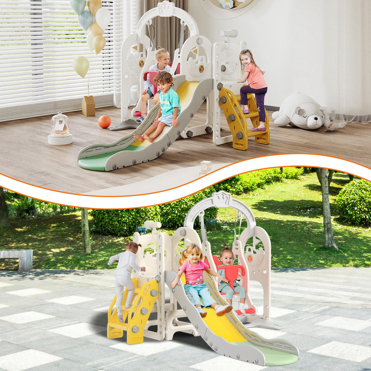 6-IN-1 RUTSCHE Kinder Weiß Mit Klettergerüst, Schaukel & Teleskop - Weiß, Holz (150/115/150cm)