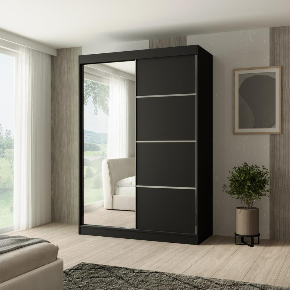 SCHWEBETÜRENSCHRANK Paco 150/215/61 2-türig schwarz mit Spiegel - Schwarz, Holzwerkstoff (150/215/61cm) - Beautysofa