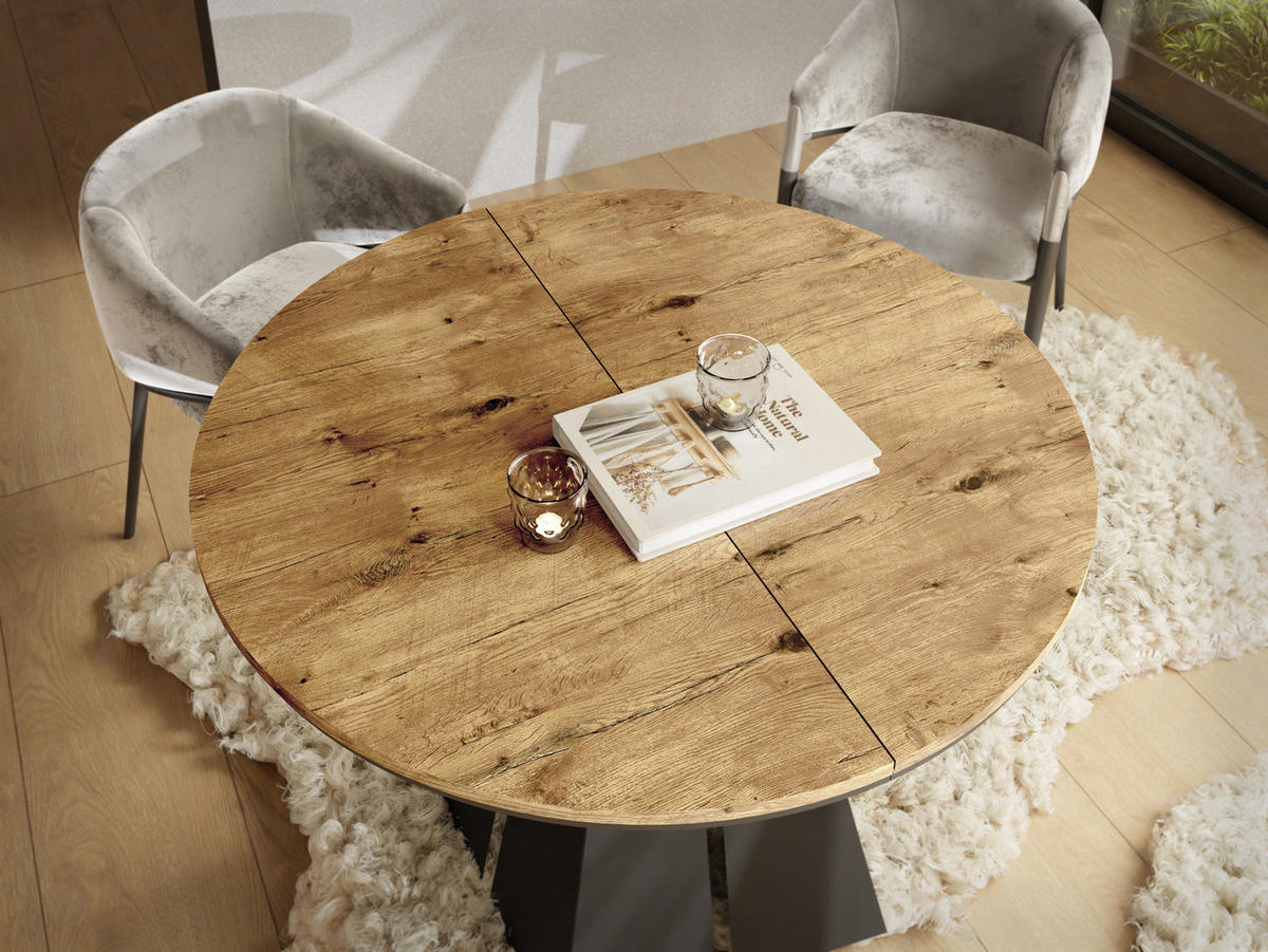 ESSTISCH Kova runder ausziehbarer, Lancelot Eiche 100-180/100/76 cm - Eichefarben/Schwarz, Holzwerkstoff/Metall (100/100/76cm) - WFL GROUP