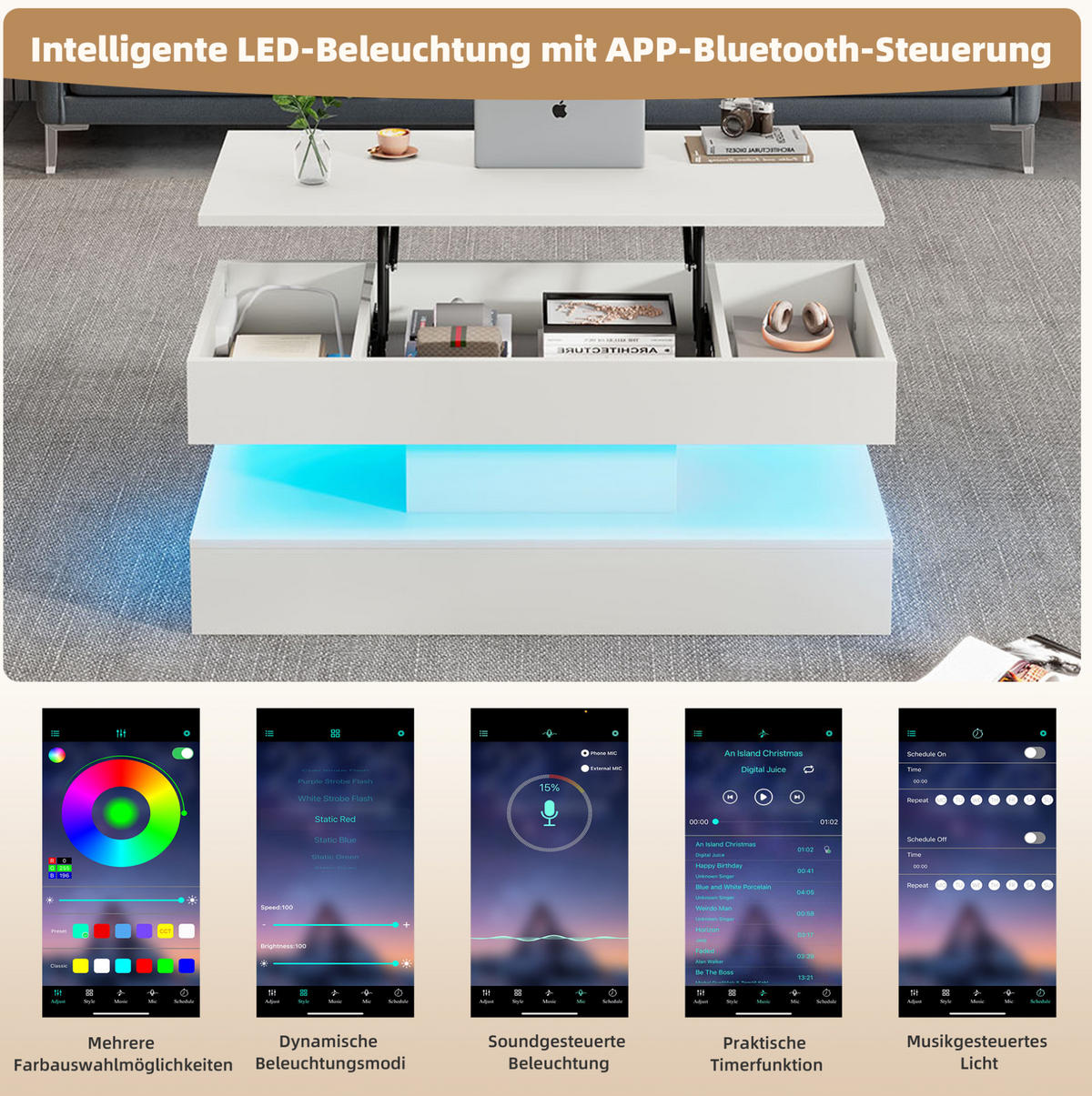 COUCHTISCH aus Spanplatte 100x50x42 cm Weiß mit LED-Beleuchtung, Hubplatte, Stauraum und Steckdosen - Weiß, Holzwerkstoff (100/50/42cm) - IVMEU