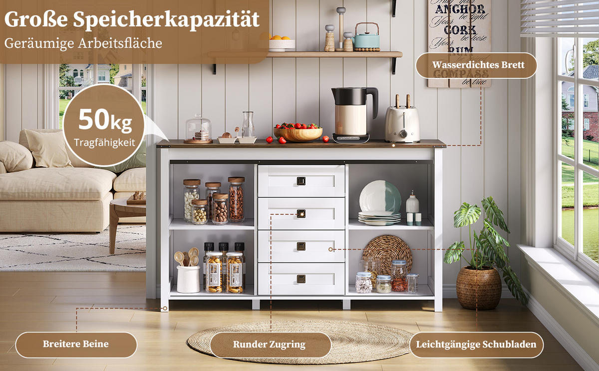 SIDEBOARD 137 cm mit Schiebetüren und 4 Schubladen, Weiß - Weiß, Holzwerkstoff (137/81.5/40cm)