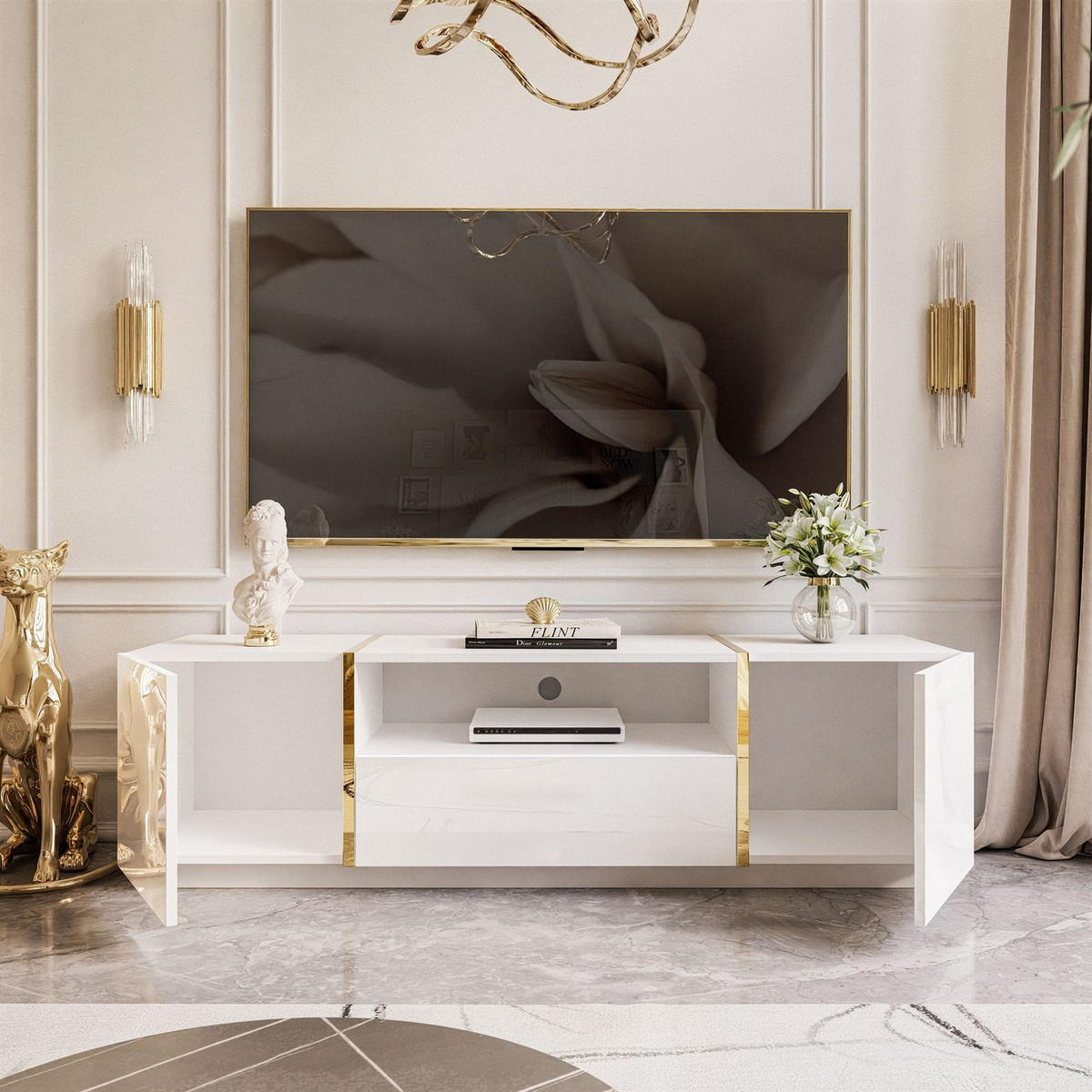 TV-ELEMENT ONYX HOCHGLANZ 158 CM PUSH OPEN - Weiß, Holzwerkstoff (158/46/41.3cm) - Lookway