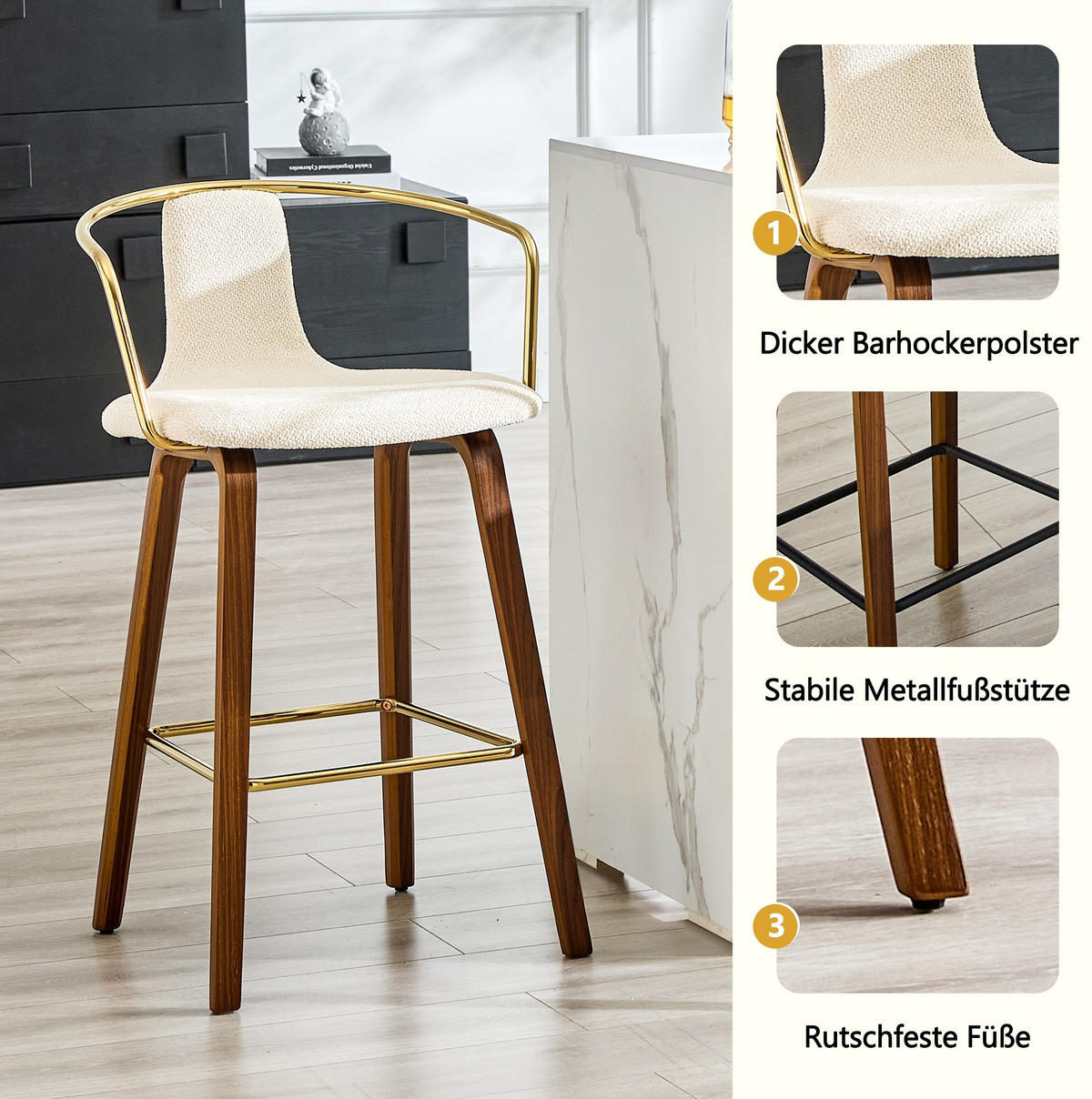 BARHOCKER mit Armlehne und Fußstütze 68/52,5/44 cm - Weiß, Holz (44/88/54.7cm) - MIVRAY