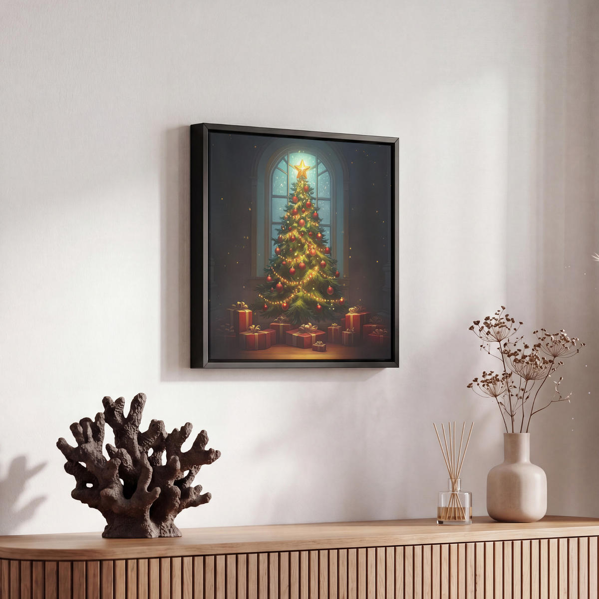 LEINWAND Bilder mit Rahmen - Weihnachtsbaum - Geschenk - Winter - 20x20 - Grün, Textil (20/20cm) - MuchoWow