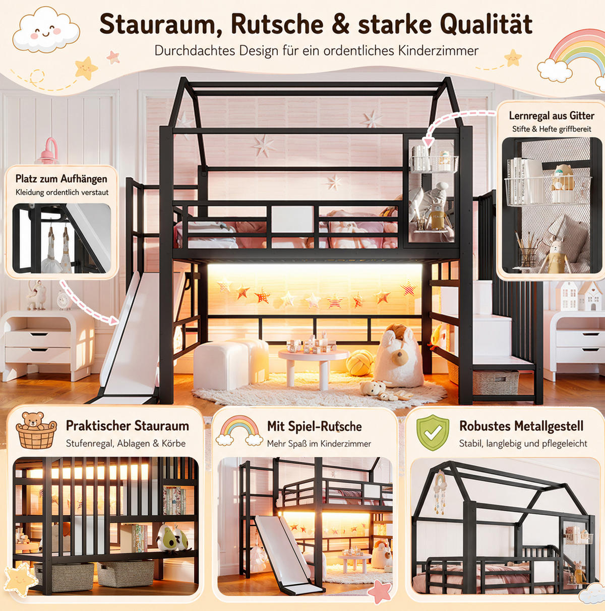 HOCHBETT aus MDF und Metall 140x200 cm Schwarz mit Rutsche, Stauraumtreppe und Bluetooth-LED-Beleuchtung - Schwarz, Holzwerkstoff (140/200cm) - IVMEU