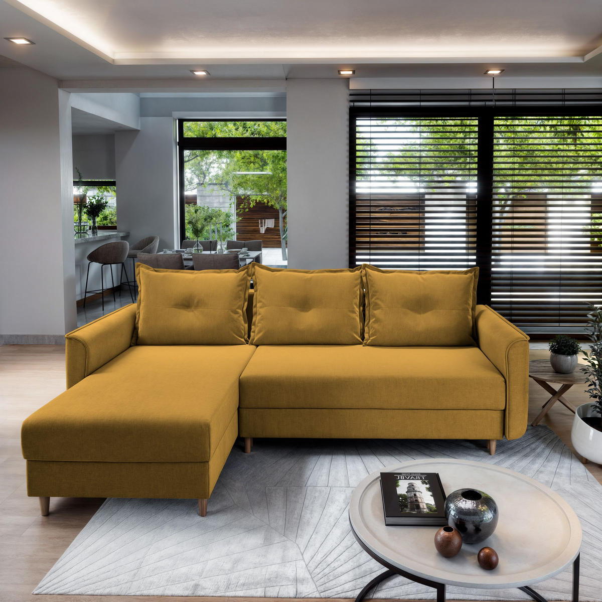 ECKSOFA PISAN L-S Gelb Plüsch-Stoff mit Schlaffunktion - Gelb, Holz (220/140cm) - MASSENO