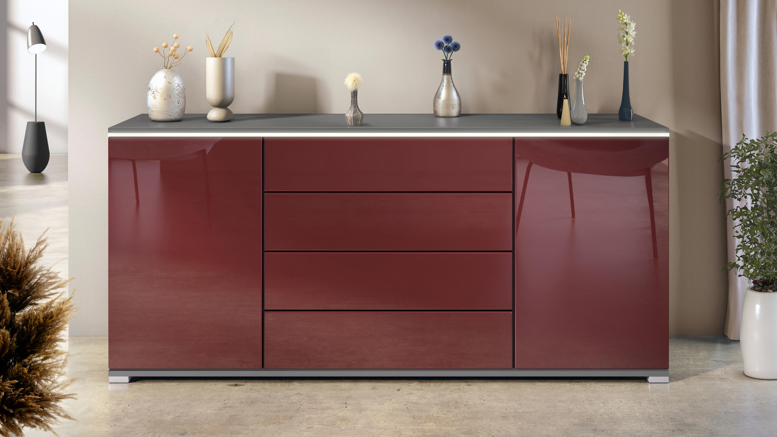 SIDEBOARD Faro Bordeaux Hochglanz - Bordeaux, Holzwerkstoff (166.5/75.5/35cm) - Vladon
