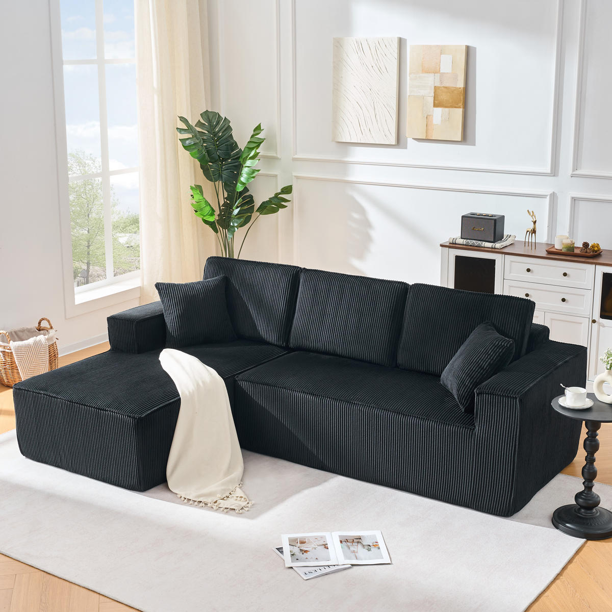 ECKSOFA 235/128/80 cm Schwarz Cord mit Linke Chaiselongue - Schwarz, Textil (235/128cm) - Oxeza