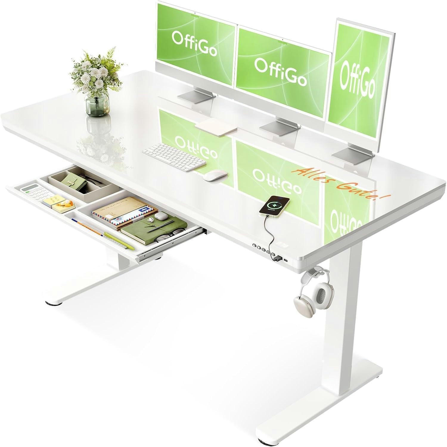 SCHREIBTISCH elektrisch höhenverstellbar 140 x 60 cm mit Schublade und USB-Anschlüssen Weiß - Weiß, Glas (140/60/72cm)