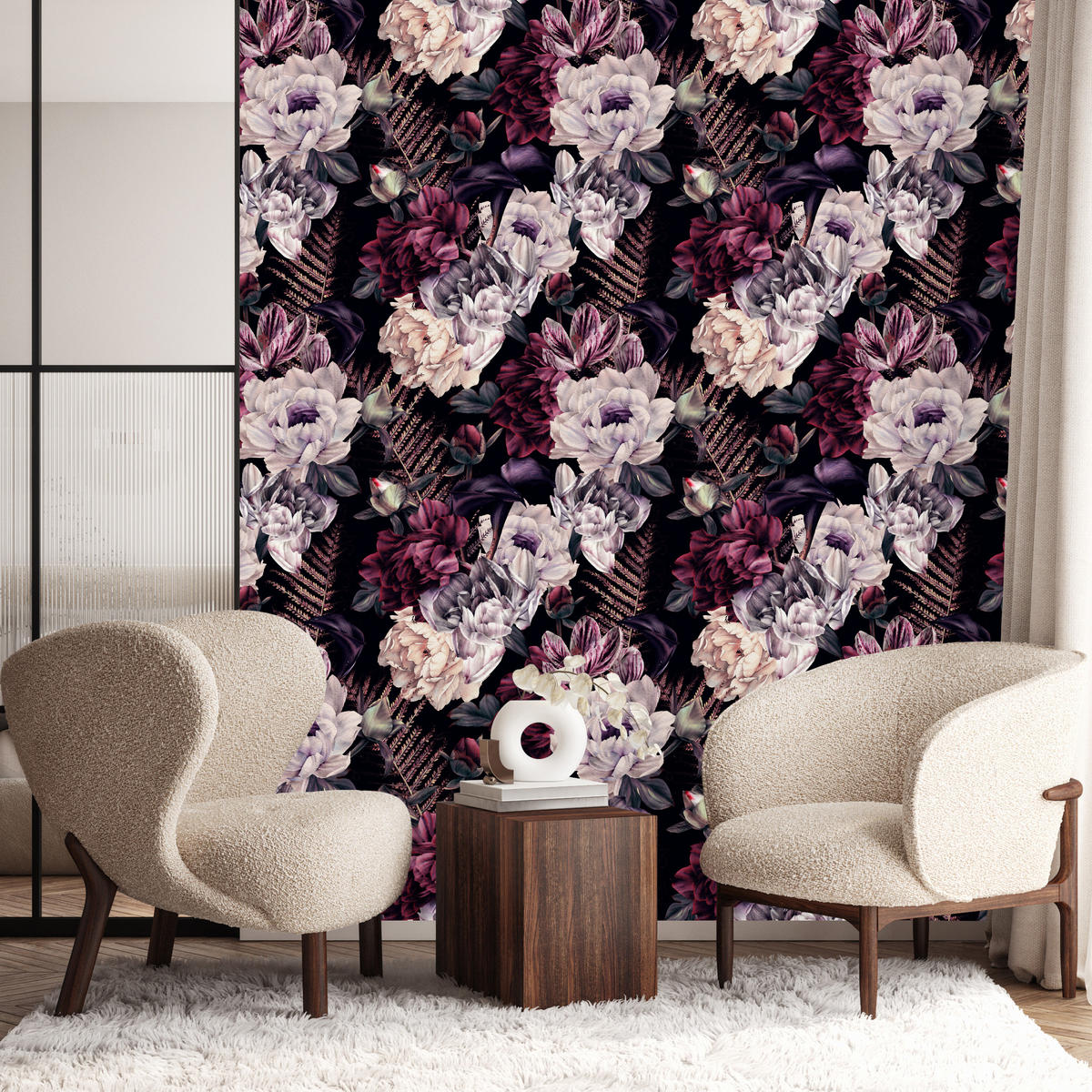 VLIESTAPETE Pfingstrosen im Glamour-Stil – Rosa, Lila, Schwarz – 50x1000 cm - Lila/Schwarz, Papier (50/1000cm) - Muralo